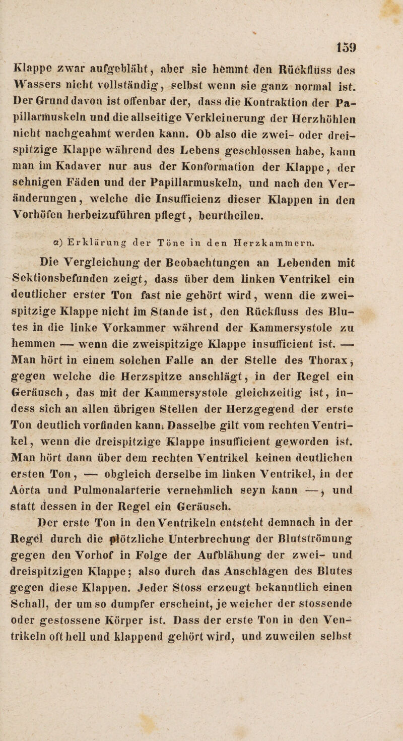 ■V 159 Klappe zwar aufg*eblälit, aber sie hömmt den Rückfluss des Wassers nicht vollständig*, selbst wenn sie ganz normal ist. Der Grund davon ist olTenbar der, dass die Kontraktion der Pa- pillarmuskeln und die allseitige Verkleinerung der Herzhöhlen nicht nachgeahmt werden kann. Ob also die zwei- oder drei¬ spitzige Klappe während des Lebens geschlossen habe, kann man im Kadaver nur aus der Konformation der Klappe, der sehnigen Fäden und der Papillarmuskeln, und nach den Ver¬ änderungen , welche die Insutficienz dieser Klappen in den Vorhöfen herbeizuführen pflegt, beurtheilen. a) Erklärung der Töne in den Herzkammern. Die Vergleichung der Beobachtungen an Lebenden mit Sektionsbefunden zeigt, dass über dem linken Ventrikel ein deutlicher erster Ton fast nie gehört wird, wenn die zwei¬ spitzige Klappe nicht im Stande ist, den Rückfluss des Blu¬ tes in die linke Vorkammer während der Kammersystole zu hemmen — wenn die zweispitzige Klappe insulficient ist. — Man hört in einem solchen Falle an der Stelle des Thorax j gegen welche die Herzspitze anschlägt j in der Regel ein Geräusch, das mit der Kammersystole gleichzeitig ist, in- dess sich an allen übrigen Stellen der Herzgegend der erste Ton deutlich vorfinden kann; Dasselbe gilt vom rechten Ventri¬ kel, wenn die dreispitzige Klappe insulficient geworden ist. Man hört dann über dem rechten Ventrikel keinen deutlichen ersten Ton, — obgleich derselbe im linken Ventrikel, in der Aorta und Pulmonalarterie vernehmlich seyn kann — ^ und statt dessen in der Regel ein Geräusch. Der erste Ton in den Ventrikeln entsteht demnach in der Regel durch die plötzliche Unterbrechung der Blutströmung gegen den Vorhof in Folge der Aufblähung der zwei- und dreispitzigen Klappe; also durch das Anschlägen des Blutes gegen diese Klappen. Jeder Stoss erzeugt bekanntlich einen Schall, der umso dumpfer erscheint, je weicher der stossende oder gestossene Körper ist. Dass der erste Ton in den Ven¬ trikeln oft hell und klappend gehört wird, und zuweilen selbst