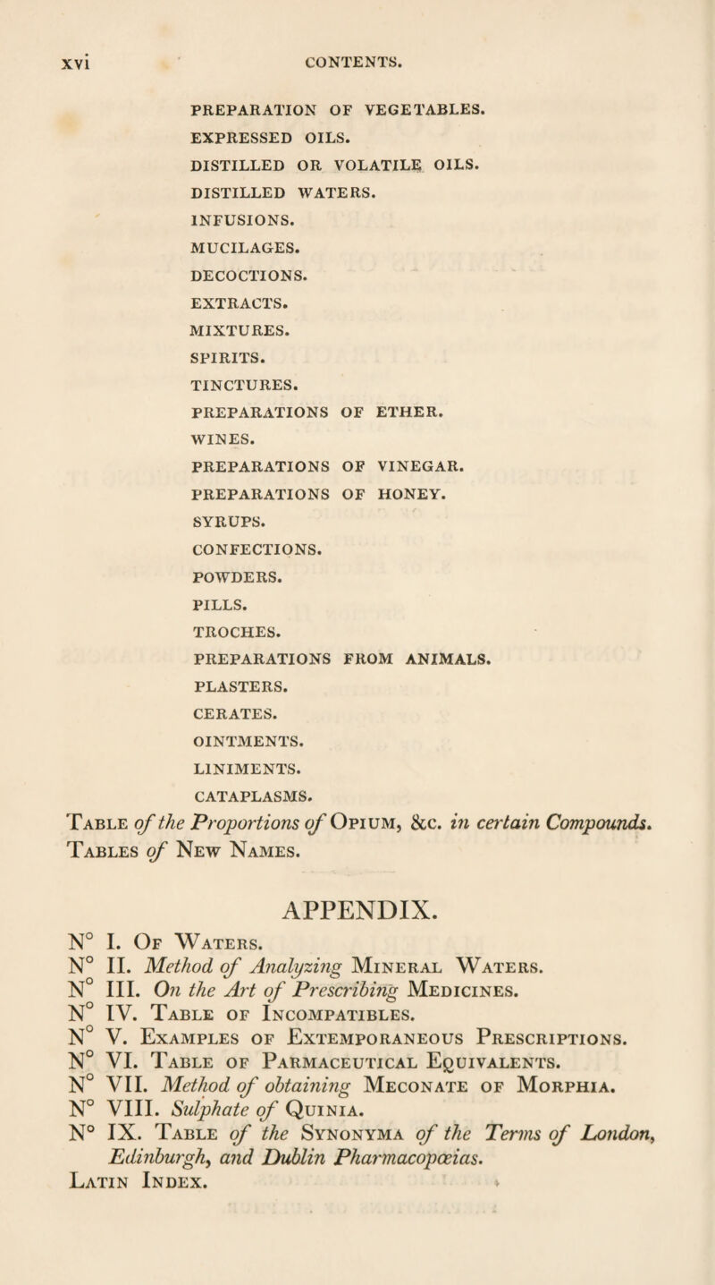 PREPARATION OF VEGETABLES. EXPRESSED OILS. DISTILLED OR VOLATILE OILS. DISTILLED WATERS. INFUSIONS. MUCILAGES. DECOCTIONS. EXTRACTS. MIXTURES. SPIRITS. TINCTURES. PREPARATIONS OF ETHER. WINES. PREPARATIONS OF VINEGAR. PREPARATIONS OF HONEY. SYRUPS. CONFECTIONS. POWDERS. PILLS. TROCHES. PREPARATIONS FROM ANIMALS. PLASTERS. CERATES. OINTMENTS. LINIMENTS. CATAPLASMS. Table of the Proportions of Opium, &c. in certain Compounds. Tables of New Names. APPENDIX. N° I. Of Waters. N° II. Method of Analyzing Mineral Waters. N° III. On the Art of Prescribing Medicines. N° IV. Table of Incompatibles. N° V. Examples of Extemporaneous Prescriptions. N° VI. Table of Parmaceutical Equivalents. N° VII. Method of obtaining Meconate of Morphia. N° VIII. Sulphate of Quinia. N° IX. Table of the Synonyma of the Terms of London, Edinburgh, and Dublin Pharmacopoeias. Latin Index. *