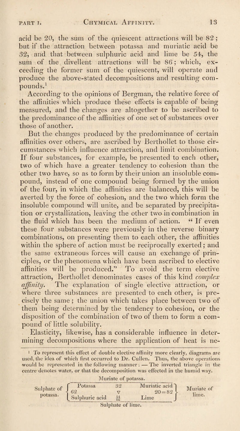 acid be 20, the sum of the quiescent attractions will be 82 ; but if the attraction between potassa and muriatic acid be 32, and that between sulphuric acid and lime be 54, the sum of the divellent attractions will be 86; which, ex¬ ceeding the former sum of the quiescent, will operate and produce the above-stated decompositions and resulting com¬ pounds.1 According to the opinions of Bergman, the relative force of the affinities which produce these effects is capable of being measured, and the changes are altogether to be ascribed to the predominance of the affinities of one set of substances over those of another. But the changes produced by the predominance of certain affinities over others, are ascribed by Berthollet to those cir¬ cumstances which influence attraction, and limit combination. If four substances, for example, be presented to each other, two of which have a greater tendency to cohesion than the other two have, so as to form by their union an insoluble com¬ pound, instead of one compound being formed by the union of the four, in which the affinities are balanced, this will be averted by the force of cohesion, and the two which form the insoluble compound will unite, and be separated by precipita¬ tion or crystallization, leaving the other two in combination in the fluid which has been the medium of action. 4£ If even these four substances were previously in the reverse binary combinations, on presenting them to each other, the affinities within the sphere of action must be reciprocally exerted; and the same extraneous forces will cause an exchange of prin¬ ciples, or the phenomena which have been ascribed to elective affinities will be produced.” To avoid the term elective attraction, Berthollet denominates cases of this kind complex affinity. The explanation of single elective attraction, or where three substances are presented to each other, is pre¬ cisely the same ; the union which takes place between two of them being determined by the tendency to cohesion, or the disposition of the combination of two of them to form a com¬ pound of little solubility. Elasticity, likewise, has a considerable influence in deter¬ mining decompositions where the application of heat is ne- 1 To represent tills effect of double elective affinity more clearly, diagrams are used, the idea of which first occurred to Dr. Cullen. Thus, the above operations would be represented in the following manner: —The inverted triangle in the centre denotes water, or that the decomposition was effected in the humid way. Sulphate of potassa. Muriate of potassa. Potassa 32 Muriatic acid ~ 62 V 20 = 82 __ Sulphuric acid 54 86 Lime Sulphate of lime. Muriate of lime.