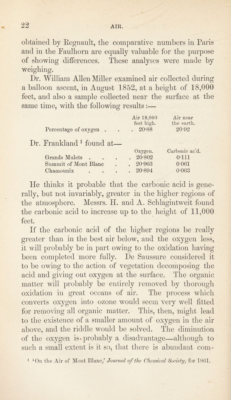 obtained by Begnault, the comparative numbers in Paris and in the Faulhorn are equally valuable for the purpose of showing differences. These analyses were made by weighing. Dr. William Allen Miller examined air collected during a balloon ascent, in August 1852, at a height of 18,000 feet, and also a sample collected near the surface at the same time, with the following results:—- Air 18,000 Air near feet high. the earth. Percentage of oxygen . . 20-88 20-92 Frankland 1 found at— Oxygen. Carbonic acid. Grands Millets . 20-802 0-111 Summit of Mont Blanc . 20-963 0061 Chamounix . 20-894 0-063 He thinks it probable that the carbonic acid is gene¬ rally, but not invariably, greater in the higher regions of the atmosphere. Messrs. H. and A. Schlagintweit found the carbonic acid to increase up to the height of 11,000 feet. If the carbonic acid of the higher regions be really greater than in the best air below, and the oxygen less, it will probably be in part owing to the oxidation having been completed more fully. De Saussure considered it to be owing to the action of vegetation decomposing the acid and giving out oxygen at the surface. The organic matter will probably be entirely removed by thorough oxidation in great oceans of air. The process which converts oxygen into ozone would seem very well fitted for removing all organic matter. This, then, might lead to the existence of a smaller amount of oxygen in the air above, and the riddle would be solved. The diminution of the oxygen is* probably a disadvantage—although to such a small extent is it so, that there is abundant com- 1 ‘On the Air of Mont Blanc/ Journal of the Chemical Society, for 1801.