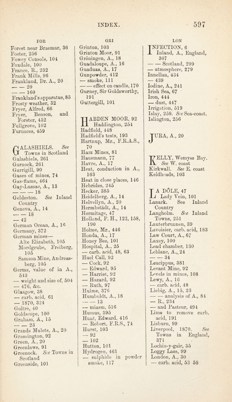 FOR Forest near Braemar, 36 Foster, 256 Fowey Consols, 104 Foxdale, 100 France, B., 232 Frank Mills, 96 Frankland, Dr. A., 20 -20 -160 Frankland’s apparatus, 85 Frosty weather, 32 Fryer, Alfred, 66 Fryer, Benson, and Forster, 452 Fullgrove, 102 Furnaces, 459 n ALASHIELS. See u Towns in Scotland Galashiels, 261 Garnock, 261 Garrigill, 90 Gases of mines, 74 Gas-flame, 464 Gay-Lussac, A., 13 -18 Geldeston. See Inland Country Geneva, A., 14 -18 — 42 German Ocean, A., 16 Germany, 372 German mines— Alte Elizabeth, 105 Mordgrube, Freiberg, 105 Samson Mine, Andreas- berg, 105 Germs, value of in A., 543 — weight and size of, 504 — 476, &c. Glasgow, 38 — carb. acid, 61 — 1870, 324 Goitre, 40 Golds cope, 100 Graham, A., 15 -23 Grands Mulets, A., 20 Grassington, 92 Green, A., 20 Greenlaws, 91 Greenock. See Towns in Scotland Greenside, 101 GRI Grinton, 103 Grinton Moor, 91 Groningen, A., 18 Guadaloupe, A., 16 Guaduas, A., 17 Gunpowder, 412 — smoke, 111 -effect on candle, 170 Gurney, Sir Goldsworthy, 191 Guttergill, 101 HABDEN MOOB, 92 Haddington, 254 Hadfield, 448 Hadfield’s tests, 193 Hartnup, Mr., F.B.A.S., 7° Harz Mines, 81 Hausmann, 77 Havre, A., 17 Heat, conduction in A., 163 Heat in close places, 146 Hebrides, 245 Hecker, 385 Heidelberg, A., 14 Helvellyn, A., 20 Hermbstadt, A., 14 Hermitage, 47 Holland, P. H., 122, 158, 190 Holme, Mr., 446 Honda, A., 17 Honey Bee, 101 Hospital, A., 25 — carb. acid, 48, 63 Huel Call, 92 — Cock, 92 — Edward, 95 — Harriet, 92 — Hazard, 92 — Buth, 97 Hulme, 376 Humboldt, A., 18 -13 — miasm, 516 Humus, 395 Hunt, Edward, 416 — Bobert, F.B.S., 74 Hurst, 103 — 92 _ 102 Hutton, 101 Hydrogen, 461 — sulphide in powder smoke, 117 LON NFECTION, 6 Inland, A., England, 307 -Scotland, 299 — atmosphere, 279 Innellan, 434 — 439 Iodine, A., 241 Irish Sea, 67 Iron, 444 — dust, 447 Irrigation, 519 Islay, 259. See Sea-coast. Islington, 256 JUBA, A., 20 ELLY, Wemyss Bay. See W. coast Kirkwall. See E. coast Keldheads, 103 LA D6LE, 47 Lady Vein, 101 Lanark. See Inland Country Langholm. See Inland Towns, 251 Lauterbrunnen, 39 Lavoisier, carb. acid, 183 Law Court, A., 67 Laxey, 100 Lead chamber, 130 Leblanc, A.K24 -34 Leucippus, 381 Levant Mine, 92 Levels in mines, 108 Lewy, A., 16 — carb. acid, 48 Liebig, A., 15, 23 —• — analysis of A., 84 — B., 234 •— and Pasteur, 494 Lime to remove carb. acid, 191 Lisburn, 99 Liverpool, 1870. See Towns in England, 371 Lochin-y-gair, 35 Loggy Lass, 99 London, A., 30 — carb. acid, 53 58