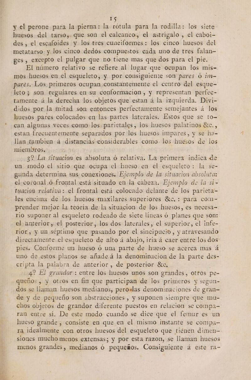 ] IS y el perone para la pierna: la rótula para la rodilla: los siete huesos del tarso, que son el calcaneo:, el astrigalo , el caboi- des , el escafoides y los tres cunmeiformes : los cinco huesos del metatarso y los cinco dedos compuestos cada uno de tres falan- ges , excepto el pulgar que no tiene mas que dos para el pie. El número relativo se refiere al lugar que ocupan los mis- mos huesos en el esqueleto, y por consiguienze son pares Ó im- pares. Los primeros ocupan constantemente el centro del esque= leto; son regulares en su conformacion , y representan perfec- tamente á la derecha los objetos que estan á la izquierda. Divi- didos por la mitad son entonces perfectamente semejantes á los huesos pares colocados en las partes laterales. Estos que se to= can algunas veces como los parietales, los huesos palatinos étc., estan frecuentemente separados por los huesos impares, y se ha- llan tambien á distancias considerables como los huesos de los miembros. | 32 La situacion es absoluta ó relativa. La primera indica de un modo el sitio que ocupa el hueso. en el esqueleto : la se- gunda determina sus, conexiones. Ejemplo de la situacion absoluta: el; coronal ¡ó frontal está situado en la cabeza. Ejemplo de la si- tuacion relativa: el frontal está colocado delante de los parieta- les encima de me huesos maxilares superiores Sc. : para com- prender mejor la teoría de la situacion de los huesos, es necesa= rio suponer al esqueleto rodeado de siete lineas Ó planes que son: el anterior, el posterior, los dos laterales, el superior, el infe- rior, y un séptimo que pasando por el sincipucio, y atravesando directamente el esqueleto de alto á abajo, iria á caer entre los dos pies. Conforme un hueso ó una parte de hueso se acerca mas á uno de estos planos se añade á la denominacion de la parte des- cripta la palabra de anterior, de posterior $tc, 42 El grandor : entre los huesos unos son grandes , otros pe- nad , y Otros en fin que participan de los primeros y segun- dos se llaman huesos medianos, peroslas denominaciones de gran de y de pequeño son abstracciones , y suponen siempre que mu- chos objetos de grandor diferente puestos en relacion se compa- ran entre sí. De este modo cuando se dice que el femur es un lueso grande , consiste en que en el mismo instante se compa- ra idealmente con otros huesos del esqueleto que tiénen dimen— siones mucho menos extensas; y por esta razon, se llaman huesos menos grandes, medianos ó pequeños. Consiguiente á este ra-