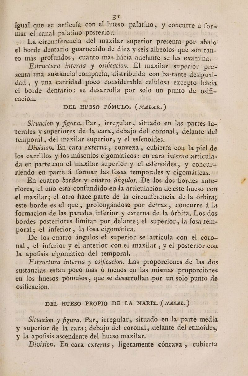 igual que se articula con el hueso palatino, y concurre á for= mar el canal palatino posterior. --- La circunferencia del maxilar superior presenta por abajo el borde dentario guarnecido de diez y seis albeolos que son tan- to mas profundos, cuanto mas hácia adelante se les examina. Estructura interna y osificacion. El maxilar superior pre- senta una sustancia compacta, distribuida con bastante desigual- dad, y una cantidad poco considerable celulosa excepto hácia el borde dentario: se desarrolla por solo un punto de osifi- cación. | DEL HUESO PÓMULO. (MALAR.) Situacion y figura. Par, irregular, situado en las partes la- terales y superiores de la cara, debajo del coronal, delante del temporal, del maxilar superior, y el esfenoides. Division. En cara externa, convexa , cubierta con la piel de los carrillos y los músculos cigomáticos: en cara interna articula- da en parte con el maxilar superior y el esfenoides, y concur- riendo «en parte á formar las fosas temporales y cigomáticas. En cuatro bordes y cuatro ángulos. De los dos bordes ante riores, el uno está confundido en la articulacion de este hueso con el maxilar; el otro hace parte de la circunferencia de la órbita; este borde es el que , prolongándose por detras, concurre á la formacion de las paredes inferior y externa de la órbita. Los dos bordes posteriores limitan por delante; el superior, la fosa tem= poral; el inferior, la fosa cigomática. - De los cuatro ángulos el superior se articula con el coro- nal, el inferior y el anterior con el maxilar , y el posterior con la apofisis cigomática del temporal, Estructura interna y osificacion. Las proporciones de las dos sustancias estan poco mas ó menos en las mismas proporciones en los huesos pómulos, que se desarrollan por un solo punto de osificacion. | “DEL HUESO PROPIO DE LA “NARIZ, ( NASAL.) Situacion y figura. Par, irregular, situado en la parte media y superior de la cara; debajo del coronal, delante del etmoides, y la apofisis ascendente del hueso maxilar. Division. En cara externa, ligeramente cóncava , cubierta