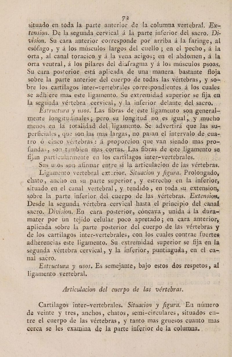 situado en. toda la. parte anterior de la columna vertebral. Ex- tension. De la segunda cervical á la. parte inferior del sacro. Di- vision. Su cara anterior corresponde por arriba á la faringe, al esófago , y á los músculos largos del cuello ; en el pecho, á la orta, al canal toracico y á la vena acigos; en el abdomen, á la orta a a los pilares del diafragma y á los músculos psoas. Su cara posterior. está aplicada de una: manera. bastante floja sobre la parte anterior del cuerpo de todas.las vértebras, y so=. bre los cartílagos inter-vertebrales correspondientes á los cuales se adhiere mas este ligamento. Su extremidad superior se fija en la seguuda vértebra. cervical, y la inferior delante: del sacro, Estructura y usos. Las fibras de este ligamento son general-— mente longitudinales; pero. su longitud no es igual ,, y mucho menos en la totalidad: del, ligamento. Se advertirá que las su- perficiales , que son. las mas largas, no pasan el intervalo de cua= tro Ó cinco vértebras: á proporcion que van siendo mas pro- fundas, son, tambien mas.cortas. Las fibras de este ligamento se fijan particularmente en los cartílagos inter-vertebrales. - Sus uos sou afirmar entre sí la articulacion de las vértebras. Ligamento vertebral exterior, Situacion y figura. Prolongado, chato, aucho en su. parte superior, y estrecho en la inferior, situado en el canal vertebral, y tendido, en toda su, extension, sobre la parte inferior. del. cuerpo de las vértebras. Extensioms Desde la segunda -vértebra -cervical hasta el principio del canal - sacro. Division. En cara posterior, cóncaya , unida á la dura= mater por un tejido celular poco apretado; en cara anterior, aplicada sobre la parte posterior del cuerpo de las vértebras y de los cartílagos inter-vertebrales, con los cuales contrae fuertes adherencias este ligamento. Su extremidad superior se fija en la segunda .vértebra cervical, y la inferior, puntiaguda, en el ca- nal sacro. | | Estructura y usos. Es semejante, bajo estos dos respetos, al ligamento .vertebral, Articulacion del cuerpo de las vértebras. Cartilagos inter-vertebrales. Situacion y figura. Eu número de veinte y tres, anchos, chatos, semi-circulares, situados en- tre el cuerpo de las vértebras, y tanto mas gruesos cuanto mas cerca se les examina de la parte inferior de la columna.