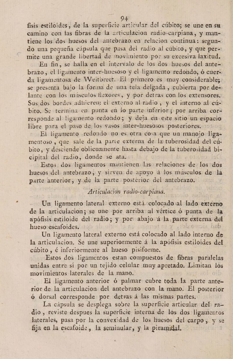¡eE fisis estiloides, de la superficie articular del cúbito; se une en su camino con las fibras de la «articulación radio- -carpiana, y man- tiene los dos huesos del antebrazo en relacion contínua : segun= do una pequeña cápsula que pasa del radio al cúbito, y que per- mite una grande libertad de 'novimiento por su excesiva laxitud. En fin, se halla en el intervalo de los dos huesos del ante- brazo, el ligamento inter-huesoso y el ligamento: redondo, Ó cuer- da ligamentosa de Weitbrect. El primero es muy considerable; se presenta bajo la forina de una tela delgada , cubierta por de- lante con los músculos Hexores, y por detras con los extensores. Sus dos bordes adhieren: el externo al radio, y el interno al cú- bito. Se termina en punta en lo parte inferior; por arriba cor- responde al ligamento redondo; y deja. en este sitio un espacio libre para el paso de los vasos inter-huesosos posteriores. El ligamento redondo no es otra cosa que un manojo liga- mentoso , que sale de la parie externa de la cubenedidad del cú- bito, y desciende oblicuamente hasta debajo de la tuberosidad bi- cipital del radio, donde se ata. Estos. dos ligamentos mantienen las ies de los dos huesos del antebrazo, y sirven de apoyo á los músculos de lo parte AOS y de la parte posterior del antebrazo. Articulación radio- -carpiana. Un ligamento lateral externo está. colocado -:al ida extáralo de la articulacion; se une por arriba al vértice ó punta de la apófisis estiloide del radio; y pon ero á la Duo externa dira hueso escafoides. O Un ligamento lateral externo está colocado al lado. interno sde la articulacion. Se une superiormente á la apófisis estiloides del cúbito , € inferiormente al hueso pisiforine. S | Estos dos ligamentos estan compuestos de fibras paralelas unidas entre sí por un tejido celular muy apretado. Limitan los movimientos laterales de la mano. | El ligamento anterior ó palmar cubre toda la parte ante- rior de la articulacion del antebrazo con la mano. El posterior ó dorsal corresponde por detras á las mismas partes. La cápsula se desplega sobre la superficie articular del: ra dio , reviste despues la superficie interna de los dos ligamentos laterales, pasa por la convexidad de los huesos del carpo ,. y se fija en la escafoide , la seminular, y la piramidal,
