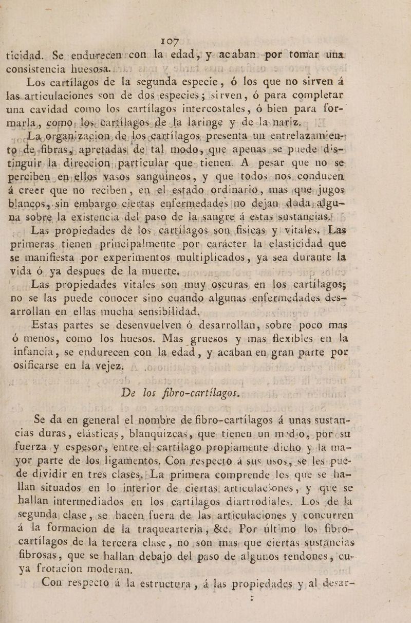 ticidad. Se endurecen:con la cad y) ye acaban pad tomar una: consistencia huesosa..-.. Los cartílagos de la ido especie , O los que no sirven á las. articulaciones son de dos especies; sirven, Ó para completar una cavidad como los cartílagos intercostales, ó bien para for-' marla,, como; los. cartílagos. dela laringe y de-la nariz. pa organizacion, de Los cartílagos presenta un entrelazamien-: to. esfibras y apretadas; “de tal modo, que apenas «se puede dis- tinguir- la. direccion: ¡particular que. tienen. Á. pesar que no se perciben. en,ellos vasos sanguineos, y que 'todos nos, conducen á creer que no reciben, en «el.estado ordinario, mas ¡que jugos blancos,.-sin embargo: ciertas enfermedades ¡no dejan duda, algu- na sobre la existencia del paso de la, sangre á estas sustancias,! Las propiedades de los cartílagos. son fisicas y vitales. ¡Las primeras tienen principalmente por. carácter la elasticidad que se manifiesta por experimentos Edo ya sea durante la vida O ya despues de la muerte, | | y 26lí Las propiedades vitales son muy. oscuras en los carábios no se las puede conocer sino cuando algunas enfermedades des arrollan en ellas mucha sensibilidad. | Estas partes se desenvuelven ó desarrollan, sobre poco mas ó menos, como los huesos. Mas gruesos y mas flexibles en la infancia, se endurecen con la edad, y acaban en gran parte por osilicatss en la vejez, D: los pooprilasen Se da en general el nombre de fibro-cartilagos á unas sustan- cias duras, elásticas, blanquizcas, que tienen un medio, por.su fuerza y espesor, entre.el:cartilago propiamente dicho yla ma- yor parte de los ligamentos, Con respecto á sus usos, se les: pue- de dividir en tres clases, La primera comprende les que se ha- llan situados en lo interior de. ciertas, articulaciones, y que se hallan intermediados en los cartílagos diartrodiales. Los de la segunda, clase ,.se hacen fuera de. las articulaciones y concurren á la formacion de la traquearteria, 8. Por último lo» fibro- cartílagos de la tercera clase, no son mas: que ciertas sustancias fibrosas, que se hallan Acbajo del paso de algunos tendones; cu- ya frotacion moderan. Con respecto á la estructura , 4 las propiedades y al ri ».