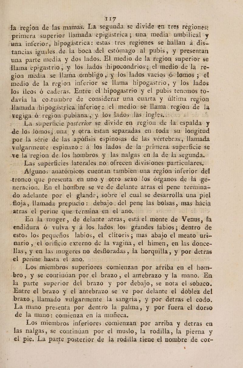la region de las mamas. La segunda se divide en tres regiones: primera superior llamada''epigástrica; una media: umbilical una inferior, hipogástrica: estas tres regiones se hallan á dis. tancias iguales de la boca «del estómago al pubis, y presentan una parte media y dos lados. El medio de la region superior se llama epigastrio, y los lados :hipocondrios; el medio de la re- ion media se llama «ombligo ,: y los lados vacios «6 lomos ; el medio de la region inferior se llama hipogastrio, y los lados los íleos ó caderas. Entre, el hipogastrio y el pubis tenemos to- davía la cotumbre de considerar una cuarta y última region Hamada : hipogástrica inferior el. medio: se llama. region de la vegiga: O: region: pubiana:, y los lados: :lás. ingles. La superficie pasterior se divide en region «de la: espalda y de lós lomos¿.una y.otra estan separadas en. toda su: longitud por la série de las apófisis espinosas de las vértebras, llamada vulgarmente : espinazo : á los lados de la: primera superficie se . e la region de. los hombros. y las nalgas enla de la segunda. Las superficies laterales no. ofrecen divisiones: particulares. Algunos: anatómicos cuentan tambien una region inferior del 4ronco que presenta en uno y otro sexo los órganos de la ¡ge- neracion. En el homíbre se ve de delante atras el pene termina- do adelante por el glande , sobre el cual se desarrolla una piel .Boja, llamada prepucio: debajo. del p.. las ns, mas hácia “atras el perine que termina en «el ano. En «Ja mager, de delante atras, está el monte de Per ta endidura o: vulva y á los lados los: grandes labios; dara. de estos los pequeños labios, el clítoris; mas abajo el meato uri- nario , el orificio externo de la vagina, el himen, en las donce- llas, y en las imugeres no desfloradas, la horquilla, y por detras el perine hasta el ano. Los miembros superiores comienzan por afriba en el hom- «bro, y se continúan por el brazo, el antebrazo y la mano. En la parte superior del brazo y por debajo, se nota el sobaco. Entre el brazo y el antebrazo se ve por delante el doblez del brazo , llamado vulgarmente la sangría, y por detras el codo. La mano presenta por dentro la palma, y por fuera el dorso de la mano: comienza en la muñeca. Los miembros inferiores comienzan por arriba y detras en las nalgas, se continúan por el muslo, la rodilla, la pierna y ' el pie. La parte posterior de la rodilla tiene el nombre de cox- %