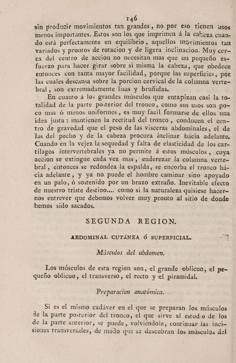 sin producir movimientos tan grandes , ho por eso tienen usos menos importantes. Estos son los que imprimen á la cabeza cuan- do está perfectamente en equilibrio, aquellos movimientos tan variados y proutos de rotacion y de ligera incíinacion. Muy cer ca del centro de acción no necesitan mas que un pequeño es- fuerzo para hacer girar sobre sí misma la cabeza, que obedece entonces con tanta mayor facilidad, porque las superficies, por las cuales descansa sobre la porcion cervical de la columna verte- bral, son extremadamente lisas y bruñidas. En cuauto á los grandes músculos que entapizan casi la to= talidad de la parte posterior del tronco, como sus usos son po- co mas ó menos uniformes , es muy facil formarse de ellos una idea justa: mantienen la rectitud del tronco , conducen el cen- tro de gravedad que el peso de las visceras abdominales, el de las del pecho y de la cabeza procura inclinar hácia adelante, Cuando en la vejez la sequedad y falta de elasticidad de los car- tílagos intervertebrales ya no permite á estos músculos ,. cuya accion se extingue cada vez mas, enderezar la columna verte- bral, entonces se redondea la espalda, se encorba el tronco há- cia adelante, y ya no puede el hombre caminar «sino apoyado en un palo, ó sostenido por un brazo extraño. Inevitable efecto de nuestro triste destino.... como si la naturaleza quisiese hacer= nos entrever que debemos volver muy pronto al sitio de donde hemos sido sacados. : SEGUNDA REGION. AE Ae ABDOMINAL CUTÁNEA Ó SUPERFICIAL, Misculos del abdomen. _Los músculos de esta region son, el grande oblicuo, el pe- queño oblicuo, el transverso, el recto y el piramidal, Preparacion anatómica. Si es el mismo cadáver en el que se preparan los músculos de la parte posterior del tronco, el que sirve al estud:o:de los de la parte anterior, se puede, volviéndole, continuar las inci= siones transversales, de modo que se descubran los músculos del