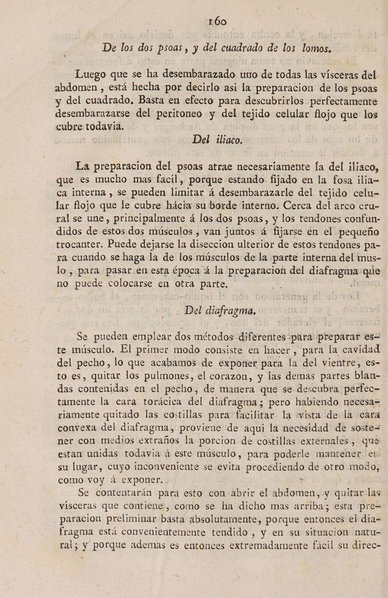 De los dos psoas , y del cuadrado de los lomos. Luego que se ha desembarazado uuo de todas las vísceras del. abdomen , está hecha por decirlo asi la preparacion de los psoas y del cuadrado, Basta en efecto para descubrirlos perfectamente desembarazarse del peritoneo y SS tejido celular flojo que los cubre todavia. Del iliaco, La preparacion del psoas atrae necesariamente la del iliaco, que es mucho mas facil, porque estando fijado en la fosa ¡lia ca interna , se pueden limitar á desembarazarle del tejido celu- lar flojo que le cubre hácia su borde interno. Cerca del arco cru- ral se une, principalmente á los dos psoas , y los tendones confun- didos de estos dos músculos , van juntos á fijarse en el pequeño trocanter. Puede dejarse la decian ulterior de estos tendones pa- ra cuando se haga la de los músculos de la. parte interna del mus- lo , para pasar en esta época 4 la preparacion del oa no que no puede colocarse en Otra pa j | Del diafragma. | Se pueden empl ear dos métodos diferentes -para preparar es te músculo. El primer modo consiste en hacer , para la cavidad del pecho, lo que acabamos de exponer para la del vientre, es- to es, quitar los pulmones, el corazon, y las demas partes e _das contenidas en el pecho, de manera que se descubra perfec- tamente la cara torácica del diafragma; pero habiendo necesa- riamente quitado las costillas para facilitar la .vista de la cara convexa del diafragma, proviene de aqui la necesidad de sostew ner con medios extraños la porcion de costillas externales, que estan unidas todavia á este músculo, para poderle mantener eu su lugar, cuyo inconveniente se evita prococ eN de otro modo, como voy á exponer. . > Se contentarán para esto con abrir el abdomen, y quitar las visceras que contiene, como se ha dicho mas arriba; esta pre= paracion preliminar basta absolutamente, porque entonces el día- fragma está convenientemente tendido , y en su situacion natu- ral; y porque ademas es entonces extremadamente fácil su direc-