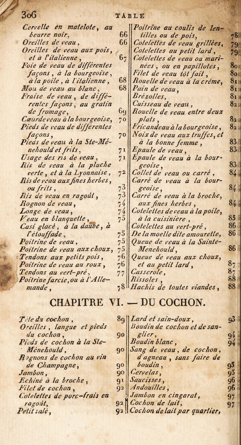 Cervelle en matelote, au beurre noir, Oreilles de veau, Oreilles de veau aux pois, et à Vitalienne , Foie de veau de différentes façons , à la bourgeoise, à la poile , à l italienne, Mou de veau au blanc, Fraise de veau , de diffé¬ rentes façons, au gratin de fromage, Cœùrde veau à la bourgeoise, Pieds de veau de différentes façojis, Pieds de veau à la Ste-Mé- nehould et frits, Usage des ris de veau, Ris de veau à la pluche verte , et à la Lyonnaise, Ris de veau auxfines herbes, ou frits, Ris de veau en ragoût, Rognon de veau f Longe de veau, U eau en blanquette , Casi glacé , à la daube, à f èiouffade, Poitrine de veau, Poitrine de veau aux choux, Tendons aux petits pois, , Poitrine de veau au roux, Tendons au vert-pré, SÿP Poitrine farcie, ou à l'Alle¬ mande y Poitrine au coulis de len¬ 66 tilles ou de pois. 78i 66 Côtelettes de veau grillées, Côtelettes au petit lard, 791 79; 6 Côtelettes de veau ou mari- nées , ou en papillotes, Filet de veau tôt fait, Rouelle de veau à la crème, 80 68 8oi 8i;i 68 Pain de veau, 81 Brézolles, 8i Cuisseau de veau, 82; 69 Rouelle de veau entre deux 7o ptatS y 82 ; Fricandeau à la bourgeoise, 82 70 Noix de veau aux truffes y et 83 à la bonne femme , 71 Epaule de veau, 83« 71 Epaule de veau à la bour¬ 83ii geoise y 72 Collet de veau ou carré , Carré de veau à la bour¬ 844 73 geoise y 8 4 73 Carré de veau à la b roche y 7 4 aux fines herbes , 84 74 Côtelettes de veau à la poile, 85 73 à la cuisinière , Côtelettes au vert-pré, 86 75 De la moelle dite amourette, 86 75 Queue de veau à la Sainte- 86 ?6 76 Menehould y Queue de veau aux choux, 87 76 et au petit lard, 77 Casserole, 87 Rissoles , 88 OO Hachis de toutes viandes, 88 CHAPITRE VI. — DU COCHON. fête du cochon , Oreilles , langue et pieds du cochon , Pieds de cochon à la Sle- Ménehould, Ptognons de cochon au vin de Champagne y Jambon, Echiné à la broche 5 Filet de cochon , Côtelettes de porc-frais en ragoûty Petit salé, 89 90 9° 9° 90 91 92 9* f 92! Lard et sain-doux, Boudin de cochon et de san¬ glier y Boudin blanc, Sang de veau , de cochon, d'agneau , sans faire de boudin, Cervelas , Saucisses, Andouilles, Jambon en cingarat, Cochon de lait. Cochon de lait par quartier, 93 95 95 96 96 97 97