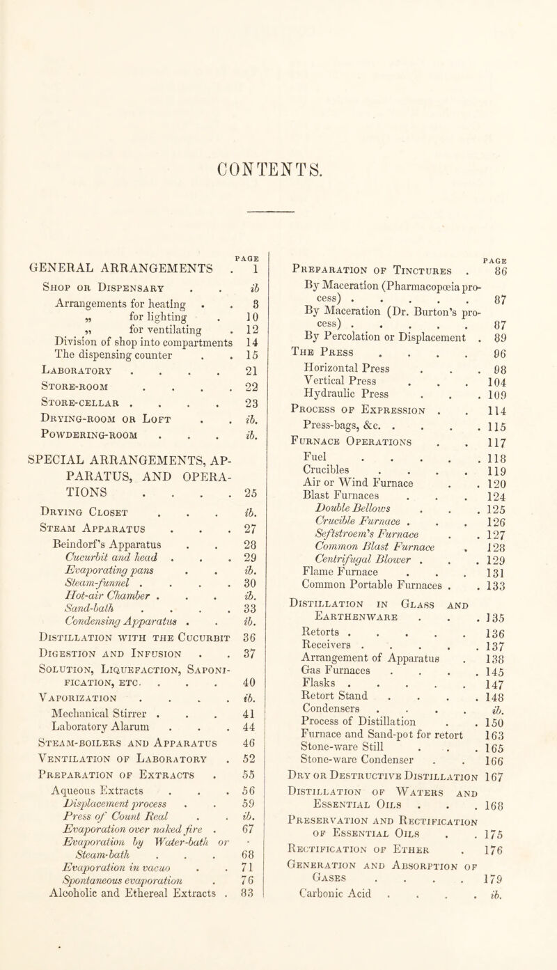 CONTENTS. PAGE GENERAL ARRANGEMENTS . 1 Shop or Dispensary . . ih Arrangements for heating . . 3 „ for lighting . 10 „ for ventilating . 12 Division of shop into compartments 14 The dispensing counter . .15 Laboratory .... 21 Store-room . . . .22 Store-cellar .... 23 Drying-room or Loft . . z'd. Powdbring-room . . . a. SPECIAL ARRANGEMENTS, AP¬ PARATUS, AND OPERA¬ TIONS .... 25 Drying Closet Steam Apparatus Reindorf’s Apparatus Cucurbit and head Evaporating pans Steam-funnel . . . . Hot-air Chamber . Sand-bath . . . . Condensing Apparatus . Distillation with the Cucurbit Digestion and Infusion Solution, Liquefaction, Saponi¬ fication, ETC. Vaporization . . . . Mechanical Stirrer . Laboratory Alarum Steam-boilers and Apparatus Ventilation of Laboratory Preparation of Extracts Aqueous Extracts Displacement process Press of Count Real Evaporatiori over naked fire . Evaporation by Water-bath or Steam-bath Evaporation m vacuo Spontaneous evaporation Alcoholic and Ethereal Extracts . ib. 27 28 29 ih. 30 ih. 33 ib. 36 37 40 ib. 41 44 46 52 55 56 59 ib. 67 68 71 76 83 PAGE Preparation of Tinctures . 86 By Maceration (Pharmacopoeia pro¬ cess) . . . . . 87 By Maceration (Dr. Burton’s pro¬ cess) .87 By Percolation or Displacement . 89 The Press .... 96 Horizontal Press . . .98 Vertical Press . . .104 Hydraulic Press . , .109 Process op Expression . . 114 Press-bags, &c.115 Furnace Operations . . II7 Fuel_.118 Crucibles . . . . II9 Air or Wind Furnace . . 120 Blast Furnaces . . .124 Double Belloivs . . .125 Crucible Furnace . . . 126 Seftstroem's Furnace . .127 Common Blast Furnace . 128 Centrifugal Blower . . .129 Flame Furnace . . . 131 Common Portable Furnaces . .133 Distillation in Glass and Earthenware . . .135 Retorts.136 Receivers . . . . .137 Arrangement of Apparatus . 138 Gas Furnaces .... I45 Flasks.147 Retort Stand . . . .148 Condensers .... ib. Process of Distillation . .150 Furnace and Sand-pot for retort 163 Stone-ware Still . . .165 Stone-ware Condenser . . 166 Dry or Destructive Distillation 167 Distillation of Waters and Essential Oils . . . 168 Preservation and Rectiiucation OP Essential Oils . .175 Rectification of Ether . 176 Generation and Absorption of Gases . . . .179 Carbonic Acid .... ih.