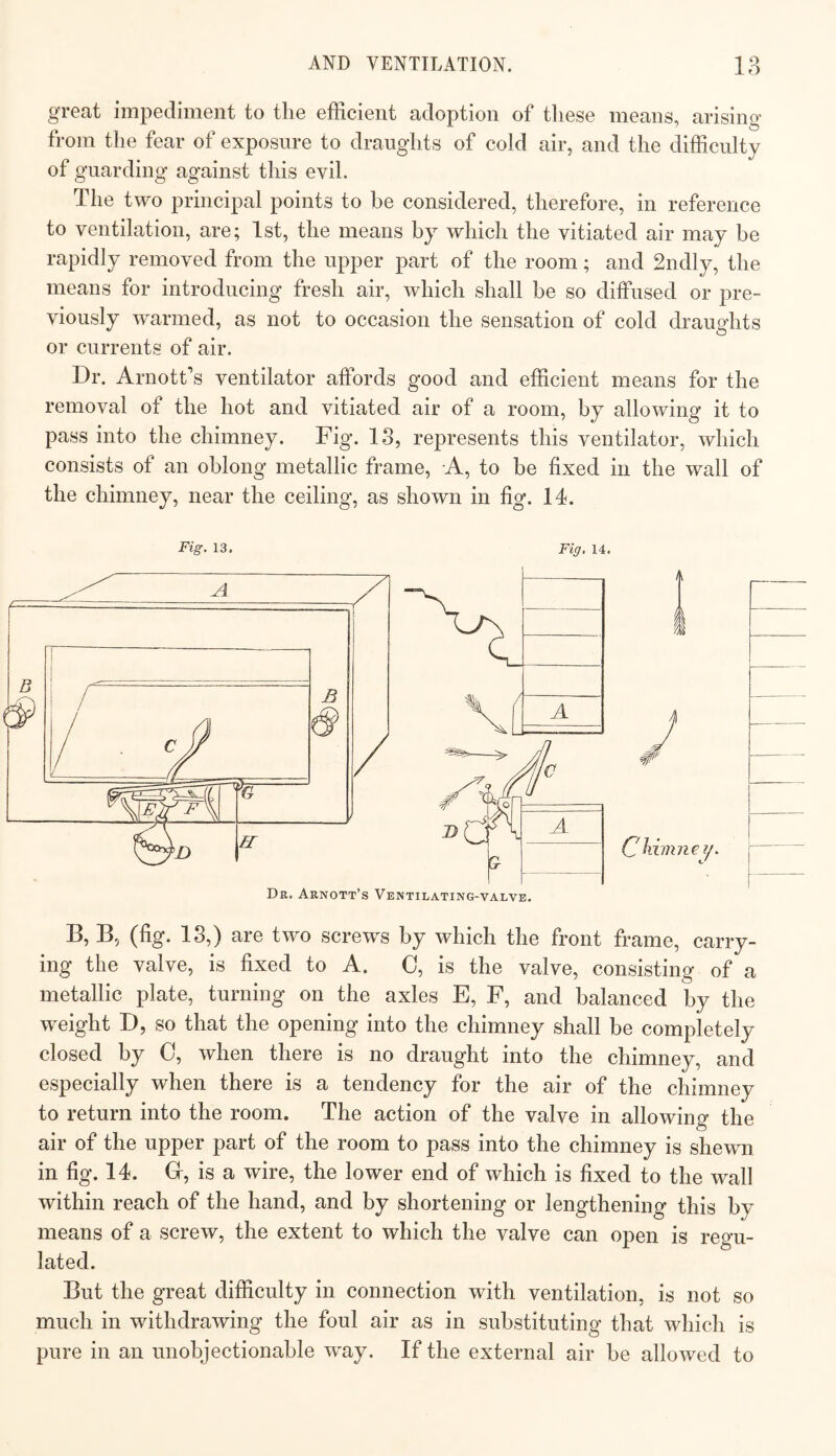 great impediment to the efficient adoption of these means, arising from the fear of exposure to draughts of cold air, and the difficulty of guarding against this evil. The two principal points to be considered, therefore, in reference to ventilation, are; 1st, the means hy which the vitiated air may be rapidly removed from the upper part of the room; and 2ndly, the means for introducing fresh air, which shall be so diffused or pre¬ viously warmed, as not to occasion the sensation of cold draughts or currents of air. Dr. Arnott’s ventilator affords good and efficient means for the removal of the hot and vitiated air of a room, by allowing it to pass into the chimney. Fig. 13, represents this ventilator, which consists of an oblong metallic frame. A, to be fixed in the wtill of the chimney, near the ceiling, as shown in fig. 14. Fig. 13, Fig, 14. Dr. Arnott’s Ventilating-valve. I C himne ?/. B, B, (fig. 18,) are two screws by which the front frame, carry¬ ing the valve, is fixed to A. 0, is the valve, consisting of a metallic plate, turning on the axles E, F, and balanced by the weight D, so that the opening into the chimney shall be completely closed by 0, when there is no draught into the chimney, and especially when there is a tendency for the air of the chimney to return into the room. The action of the valve in allowing the air of the upper part of the room to pass into the chimney is shewn in fig. 14. G, is a wire, the lower end of which is fixed to the wall within reach of the hand, and by shortening or lengthening this hy means of a screw, the extent to which the valve can open is regu¬ lated. But the great difficulty in connection with ventilation, is not so much in withdrawing the foul air as in substituting that which is pure in an unobjectionable way. If the external air he allowed to