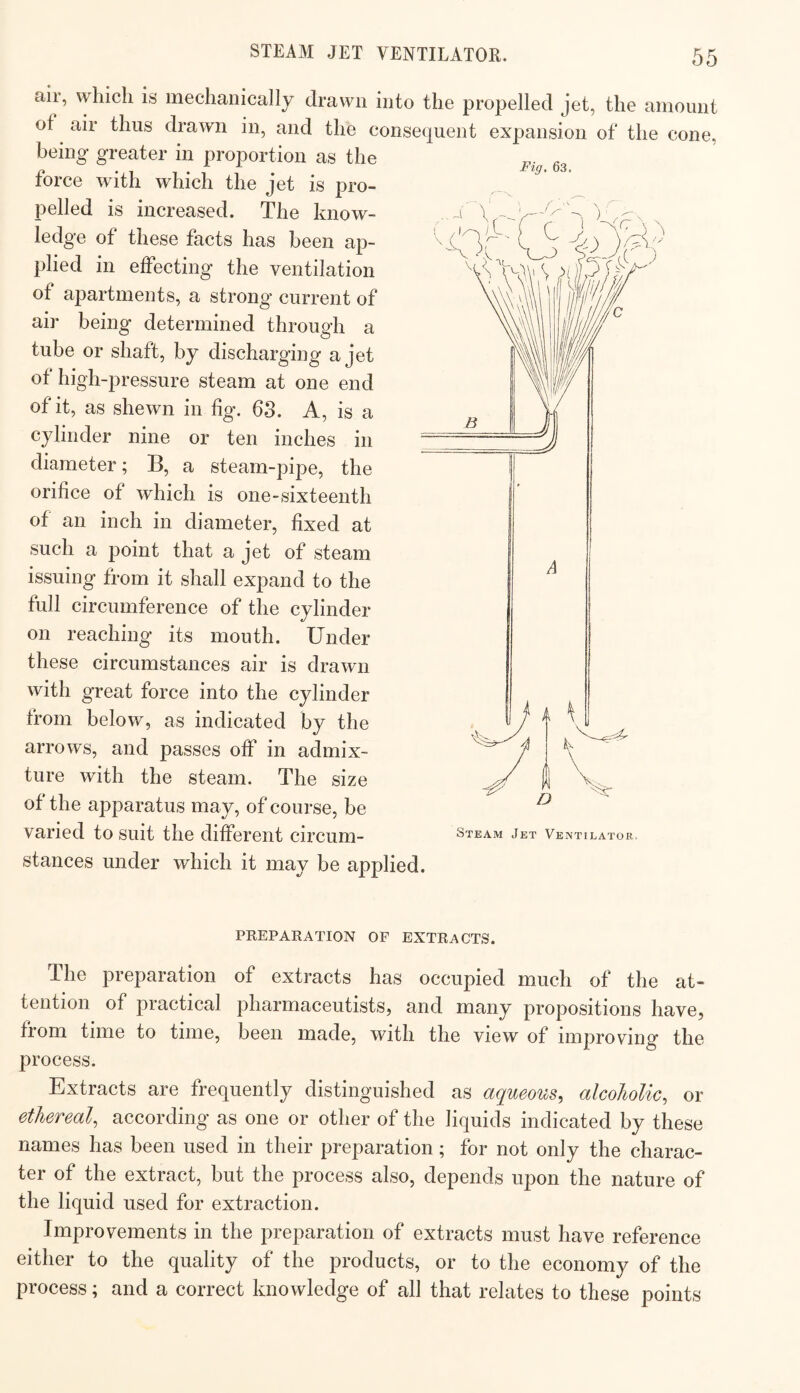 Fig, 63. air, which is mechanically drawn into the propelled jet, the amount of air thus drawn in, and the consequent expansion of the cone, being greater in proportion as the force with which the jet is pro¬ pelled is increased. The know¬ ledge of these facts has been ap¬ plied in effecting the ventilation of apartments, a strong current of air being determined through a tube or shaft, by discharging a jet of high-pressure steam at one end of it, as shewn in hg. 63. A, is a cylinder nine or ten inches in diameter; B, a steam-pipe, the orifice of which is one-sixteenth of an inch in diameter, fixed at such a point that a jet of steam issuing from it shall expand to the full circumference of the cylinder on reaching its mouth. Under these circumstances air is drawn with great force into the cylinder from below, as indicated by the arrows, and passes off in admix¬ ture with the steam. The size of the apparatus may, of course, be varied to suit the different circum¬ stances under which it may be applied. Steam Jet Ventilator. PREPARATION OF EXTRACTS. The preparation of extracts has occupied much of the at¬ tention of practical pharmaceutists, and many propositions have, from time to time, been made, with the view of improving the process. Extracts are frequently distinguished as aqueous, alcoholic, or ethereal, according as one or other of the liquids indicated by these names has been used in their preparation; for not only the charac¬ ter of the extract, but the process also, depends upon the nature of the liquid used for extraction. Improvements in the preparation of extracts must have reference either to the quality of the products, or to the economy of the process; and a correct knowledge of all that relates to these points