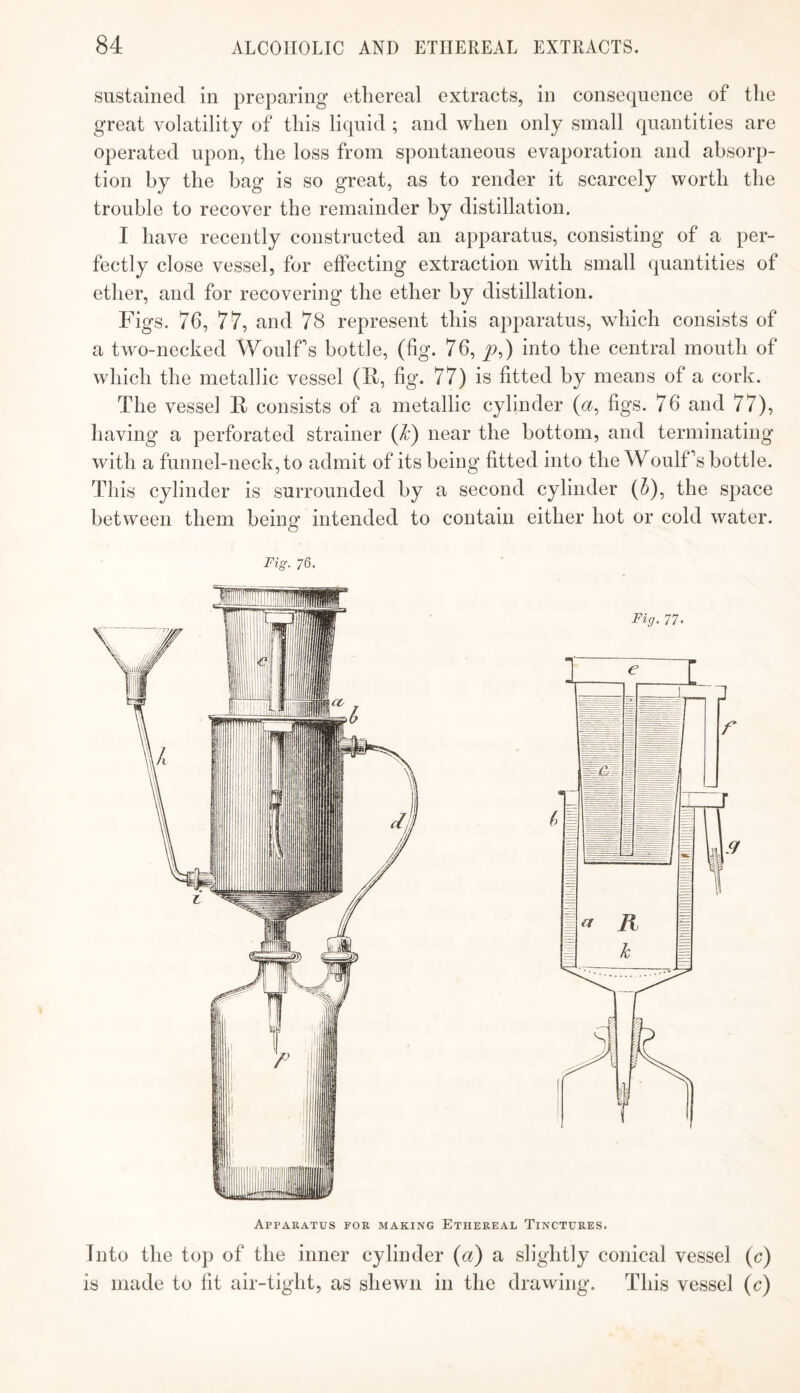 sustained in preparing ethereal extracts, in consequence of the great volatility of this liquid ; and when only small quantities are operated upon, the loss from spontaneous evaporation and absorp¬ tion by the bag is so great, as to render it scarcely worth the trouble to recover the remainder by distillation. I have recently constructed an apparatus, consisting of a per¬ fectly close vessel, for etfecting extraction with small quantities of ether, and for recovering the ether by distillation. Figs. 76, 77, and 78 represent this apparatus, which consists of a two-necked Woulfs bottle, (fig. 76, ^,) into the central mouth of which the metallic vessel (F, fig. 77) is fitted by means of a cork. The vessel F consists of a metallic cylinder (a, figs. 76 and 77), having a perforated strainer (k) near the bottom, and terminating with a funnel-neck, to admit of its being fitted into the Woulfs bottle. This cylinder is surrounded by a second cylinder (5), the space between them being intended to contain either hot or cold water. Fig. 76. Apparatus for making Ethereal Tinctures. Into the top of the inner cylinder (a) a slightly conical vessel (c) is made to fit air-tight, as shewn in the drawing. This vessel (c)