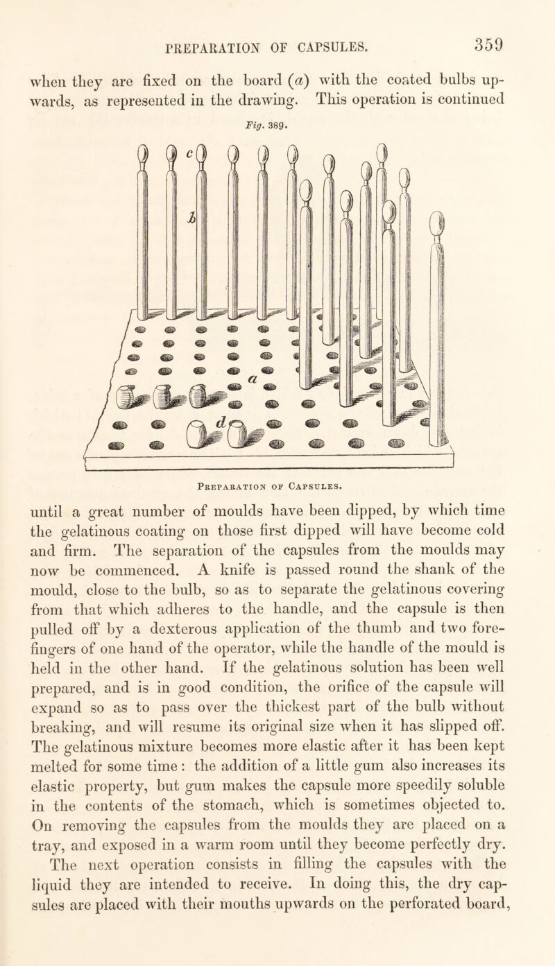 when they are fixed on the board (a) with tlie coated bulbs up¬ wards, as represented in the drawing. This operation is continued Fig. 389. until a great number of moulds have been dipped, by which time the gelatinous coating on those first dipped will have become cold and firm. The separation of the capsules from the moulds may now be commenced. A knife is passed round the shank of the mould, close to the bulb, so as to separate the gelatinous covering from that which adheres to the handle, and the capsule is then pulled off by a dexterous application of the thumb and two fore¬ fingers of one hand of the operator, while the handle of the mould is held in the other hand. If the gelatinous solution has been well prepared, and is in good condition, the orifice of the capsule will expand so as to pass over the thickest part of the bulb without breaking, and will resume its original size when it has slipped off. The gelatinous mixture becomes more elastic after it has been kept melted for some time : the addition of a little gum also increases its elastic property, but gum makes the capsule more speedily soluble in the contents of the stomach, which is sometimes objected to. On removing the capsules from the moulds they are placed on a tray, and exposed in a warm room until they become perfectly dry. The next operation consists in filling the capsules with the liquid they are intended to receive. In doing this, the dry cap¬ sules are placed with their mouths upwards on the perforated board.