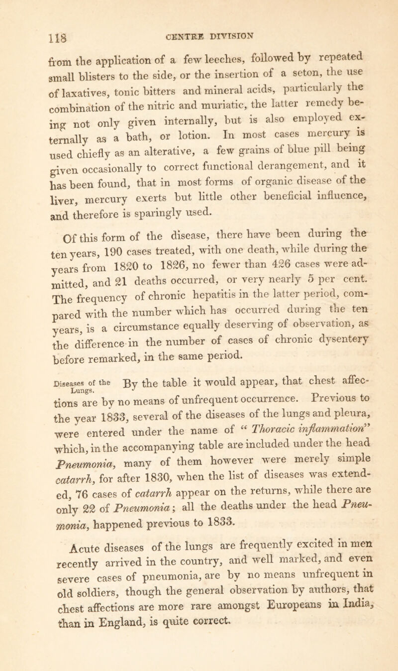 from tlie application of a few leeches, followed hy repeated small blisters to the side, or the insertion of a seton, the use of laxatives, tonic bitters and mineral acids, particularly the combination of the nitric and muriatic, the latter remedy be¬ ing not only given internally, but is also employed ex¬ ternally as a bath, or lotion. In most cases mercury is used chiefly as an alterative, a few grains of blue pill being given occasionally to correct functional derangement, and it has been found, that in most forms of organic disease of the liver, mercury exerts but little other beneficial influence, and therefore is sparingly used. Of this form of the disease, there have been during the ten years, 190 cases treated, with one death, while during the years from 1820 to 1826, no fewer than 426 cases were ad¬ mitted, and 21 deaths occurred, or very nearly 5 per cent. The frequency of chronic hepatitis in the latter period, com¬ pared with the number which has occurred during the ten years, is a circumstance equally deserving of observation, as the difl’erence in the number of cases of chronic dysentery before remarked, in the same period. Diseases of the Tv the table it would appear, that chest aflec- Lungs. -o • i. tions are by no means of unfrequent occurrence. Trevious to the year 1833, several of the diseases of the lungs and pleura, were entered under the name of Thoracic injlammatiorC^ which, in the accompanying table are included under the head Pneumonia, many of them however were merely simple catarrh, for after 1830, when the list of diseases was extend¬ ed, 76 cases of catarrh appear on the returns, while there are only 22 of Pneumonia; all the deaths under the head Pneu~ monia, happened previous to 1833. Acute diseases of the lungs are frequently excited in men recently arrived in the country, and well marked, and even severe cases of pneumonia, are by no means unfrequent in old soldiers, though the general observation by authors, that chest affections are more rare amongst Eui’opeans in India, than in England, is quite correct.