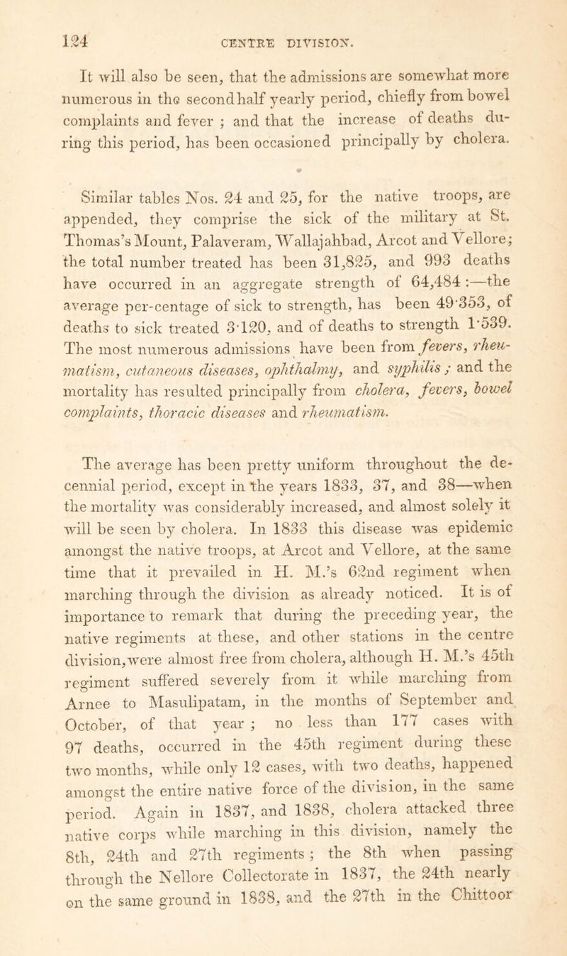 It will also be seen, that the admissions are somewhat more numerous in the second half yearly period, chiefly from bowel complaints and fever ; and that the increase of deaths du¬ ring this period, has been occasioned principally by cholera. # Similar tables Nos. 24 and 25, for the native troops, are appended, they comprise the sick of the military at St. Thomas’s Mount, Palaveram, Wallajahbad, Arcot and Vellore; the total number treated has been 31,825, and 993 deaths have occurred in an aggregate strength of 64,484 :—the average per-centage of sick to strength, has been 49’3o3, of deaths to sick treated 3T20, and of deaths to strength 1’539. The most numerous admissions have been ixom fevers, rheu¬ matism, cutaneous diseases, ophtliahny, and syphilis; and the mortality has resulted principally from cholera, fevers, howel complaints, thoracic diseases and rheumatism. The average has been pretty uniform throughout the de¬ cennial period, except in the years 1833, 37, and 38—when the mortality svas considerably increased, and almost solely it will be seen by cholera. In 1833 this disease was epidemic amongst the native troops, at Arcot and Vellore, at the same time that it prevailed in H. M.’s 62nd regiment when inarching through the division as already noticed. It is of importance to remark that during the preceding year, the native regiments at these, and other stations in the centre division,were almost free from cholera, although H. M.’s 45th regiment suffered severely from it while marching from Arnee to Masulipatam, in the months of September and October, of that ^^ear ; no less than 177 cases with 97 deaths, occurred in the 45th regiment during these two months, while only 12 cases, with two deaths, happened amongst the entire native force of the division, in the same period. Again in 1837, and 1838, cholera attacked three native corps while marching in this division, namely the 8th, 24th and 27th regiments ; the 8th when passing through the Nellore Collectorate in 1837, the 24th nearly on the same ground in 1838, and the 27th in the Chittooi