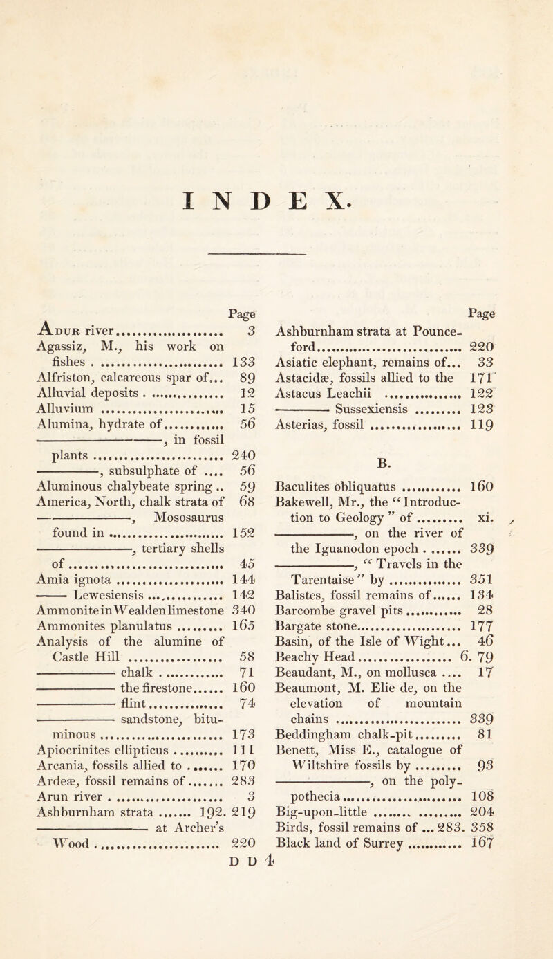 INDEX. Adur river. 3 Agassiz^ his work on fishes. 133 Alfriston^ calcareous spar of,.. 89 Alluvial deposits. 12 Alluvium . 15 Alumina_, hydrate of. 56 in fossil Page Ashburnham strata at Pounce- ford. 220 Asiatic elephant_, remains of... 33 Astacidee^ fossils allied to the 171 Astacus Leachii . 122 --Sussexiensis . 123 Asterias, fossil . 119 plants. 240 -subsulphate of .... 56 Aluminous chalybeate spring .. 59 America^ North_, chalk strata of 68 -Mososaurus found in. 152 -tertiary shells of. 45 Amia ignota. 144 - Lewesiensis .. 142 Ammonite in Wealden limestone 340 Ammonites planulatus. l65 Analysis of the alumine of Castle Hill . 58 -chalk . 71 --the firestone. l60 -flint. 74 - sandstone_, bitu¬ minous . 173 Apiocrinites ellipticus. Ill Arcania^ fossils allied to. 170 Ardese^ fossil remains of. 283 Arun river. 3 Ashburnham strata. 192. 219 - at Archer’s Wood. 220 D D 4 B. Baculites obliquatus . I60 Bakewell^ Mr._, the ‘^‘^Introduc¬ tion to Geology ” of. xi. -on the river of the Iguanodon epoch. 339 -, Travels in the Tarentaise” by. 351 Balistes, fossil remains of. 134 Barcombe gravel pits. 28 Bargate stone. 177 Basin, of the Isle of Wight... 46 Beachy Head. 6. 79 Beaudant, M., on mollusca .... 17 Beaumont, M. Elie de, on the elevation of mountain chains . 339 Beddingham chalk-pit. 81 Benett, Miss E., catalogue of Wiltshire fossils by. 96 -^-, on the poly- pothecia. 108 Big-upon_little . 204 Birds, fossil remains of ... 283. 358 Black land of Surrey. I67 /