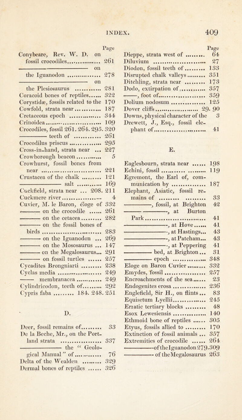 Page Conybeare^ Rev. W. D. on fossil crocodiles. 26l -—-- on the Iguanodon . 278 -on the Plesiosaurus . 281 Coracoid bones of reptiles. 322 Corystidse^ fossils related to the 170 Cowfold, strata near. 187 Cretaceous epoch . 344 Crinoidea......... 109 Crocodiles, fossil 261.264. 295. 320 -teeth of . 261 Crocodilus priscus .. 295 Cross-in-hand, strata near ... 227 Crov/borough beacon. 5 Crowhurst, fossil bones from near . 221 Crustacea of the chalk . 121 —- salt . 169 Cuckfield, strata near ... 208. 211 Cuckmere river. 4 Cuvier, M. le Baron, eloge of 332 -- on the crocodile . 26l -on the cetacea. 282 -on the fossil bones of birds. 283 -on the Iguanodon ... 269 - on the Mososaurus ... 147 -on the Megalosaurus... 291 - on fossil turtles . 257 Cycadites Brongniarti .. 238 Cyclas media . 249 - membranacea. 249 Cylindricodon, teeth of. 292 Cypris faba . 184. 248. 251 D. Deer, fossil remains of. 33 De la Beche, Mr., on the Port¬ land strata . 337 - the Geolo¬ gical Manual” of....^. 76 Delta of the Wealden . 329 Dermal bones of reptiles .. 326 Page Dieppe, strata west of . 64 Diluvium . 27 Diodon, fossil teeth of. 133 Disrupted chalk valleys. 351 Ditchling, strata near . 173 Dodo, extirpation of;. 357 --, foot of.. 359 Dolium nodosum. 125 Dover cliffs. 29- 9^ Downs, physical character of the 3 Drewett, J., Esq., fossil ele¬ phant of. 41 E. Eaglesbourn, strata near . I98 Echini, fossil. II9 Egremont, the Earl of, com¬ munication by . 187 Elephant, Asiatic, fossil re¬ mains of . 33 -, fossil, at Brighton 42 ---, at Burton Park. 41 ----—, at Hove. 41 -, at Hastings... 43 --, atPatcham... 43 -^•, at Peppering 41 bed, at Brighton... 31 -— epoch . 348 Eloge on Baron Cuvier. 332 Emydes, fossil. 257 Encroachments of the sea. 23 Endogenites erosa. 236 Englefield, Sir H., on flints... 83 Equisetum Lyellii. 245 Erratic tertiary blocks. 48 Esox Lewesiensis. 140 Ethmoid bone of reptiles . 305, Etyus, fossils allied to. 170 Extinction of fossil animals ... 357 Extremities of crocodile . 264 -of thelguanodon 279*809 - of theMegalosaurus 263