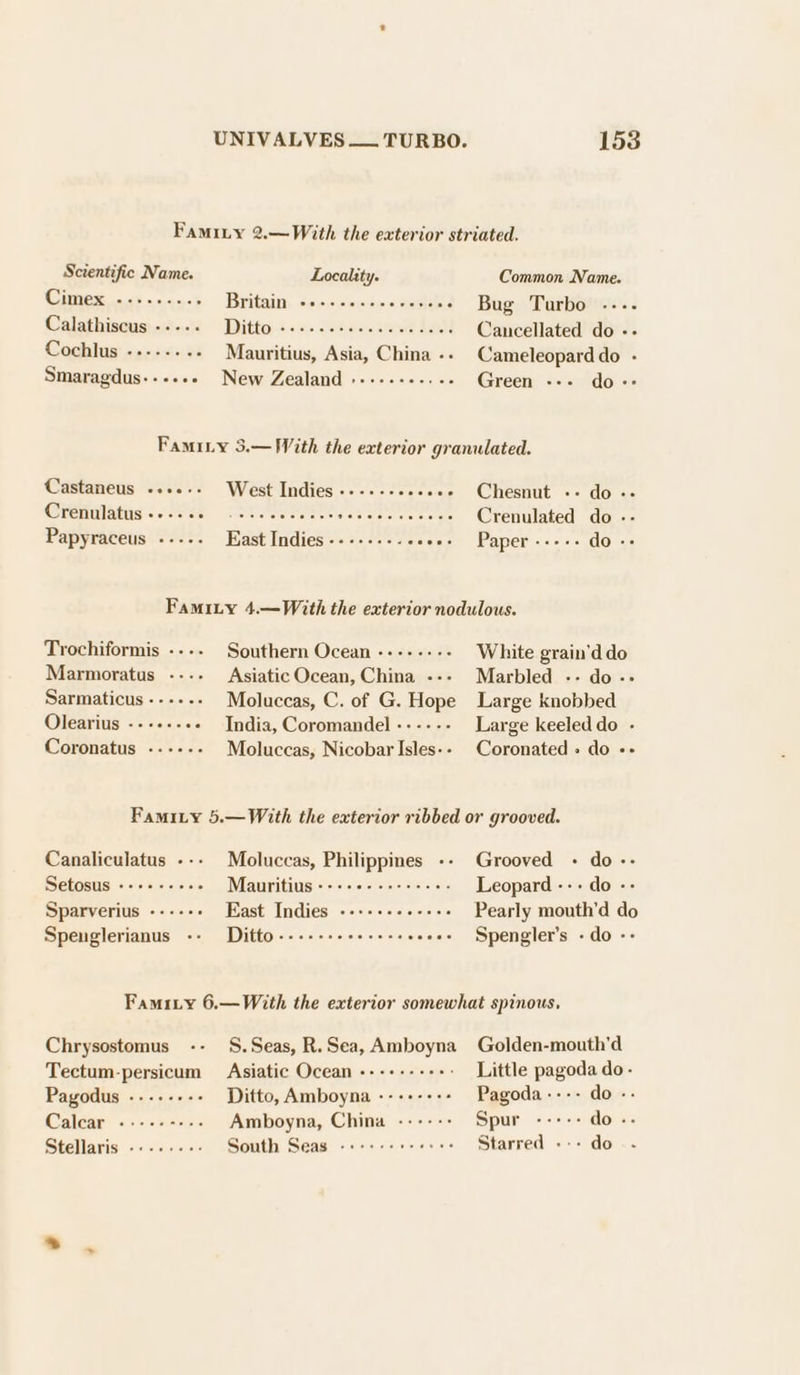 Famity 2.— With the exterior striated. Scientific Name. Locality. Common Name. MO escika oi cai )0' FREIERIN| seiess\eiriolelovee clemteie Bug Turbo .--.. Calathiscus -.-.. Ditto «.... eee eee eee cee Cancellated do -- Cochlus -----..- Mauritius, Asia, China --» Cameleoparddo - Smaragdus---... New Zealand »----++-. +: Green --- do-- FamiLy 3.— With the exterior granulated. Castaneus -.+.-- West Indies.-----..- «+e Chesnut -- do -- @Grenulatusioees ook eee a aieieteve) eyeceraiw Crenulated do - Papyraceus arate ets East Indies ----..--- eatetare Paper savcvate do -- FamiLy 4.—With the exterior nodulous. Trochiformis ---- Southern Ocean -------- White grain’d do Marmoratus ---- Asiatic Ocean, China --- Marbled -- do-- Sarmaticus ----.- Moluccas, C. of G. Hope Large knobbed Olearius ------ -- India, Coromandel ------ Large keeled do - Coronatus -.---- Moluccas, Nicobar Isles-- Coronated » do -- Famity 5.—With the exterior ribbed or grooved. Canaliculatus --- Moluccas, Philippines -- Grooved + do -- SetOsls « »ss.&lt;\4 vle'0 MEN iamoognse ooo babe Leopard Borla OG Sparverius ------ East Indies --+-+--+---+- Pearly mouth’d do Spenglerianus -- Ditto----++-++++-+6- «e+ Spengler’s - do -- Famity 6.—With the exterior somewhat spinous, Chrysostomus -- §.Seas,R.Sea, Amboyna Golden-mouth'd Tectum-persicum Asiatic Ocean «--++-+++: Little pagoda do - Pagodus -------- Ditto, Amboyna ----+-+-- Pagoda ---- do -- Calear «-------- Amboyna, China ------ Spur --:-- do -- Stellaris -.-..-+- South Seas «+++ -eseeeee Starred --- do