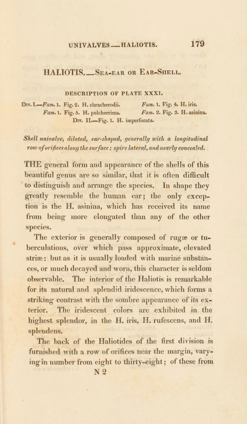 HALIOTIS.__Sea-car or Ear-SHe.t. DESCRIPTION OF PLATE XXXI. Dry. l.—Fam.1. Fig.2. H. chracherodii. Fam. 1. Fig. 4 H. iris. Fam.1. Fig. 5. H. pulcherrima. Fam. 2. Fig. 3. H.asinina. Dry. Il.—Fig. 1. H. imperforata. Shell univalve, dilated, ear-shaped, generally with a longitudinal row of orifices along the surface; spire lateral, and nearly concealed. THE general form and appearance of the shells of this beautiful genus are so similar, that it is often difficult to distinguish and arrange the species. In shape they greatly resemble the human ear; the only excep- tion is the H. asmina, which has received its name from bemg more elongated than any of the other species. The exterior is generally composed of rugze or tu= berculations, over which pass approximate, elevated strie: butas it is usually loaded with marine substan- ces, or much decayed and worn, this character is seldom observable. The interior of the Haliotis is remarkable for its natural and splendid iridescence, which forms a striking contrast with the sombre appearance of its ex- terior. The iridescent colors are exhibited in the highest splendor, in the H. iris, H. rufescens, and H. splendens. The back of the Haliotides of the first division is furnished with a row of orifices near the margin, vary- ing in number from eight to thirty-eight; of these from N2