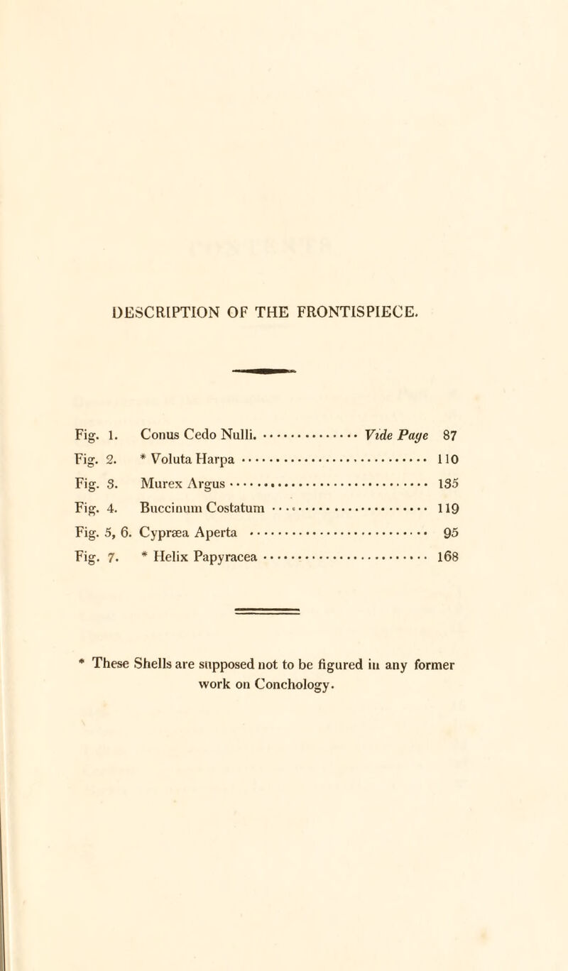 DESCRIPTION OF THE FRONTISPIECE. Fig. 1. Conus Cedo Nulli..Vide Page 87 Fig. 2. * Voluta Harpa. 110 Fig. 3. Murex Argus. 135 Fig. 4. Buccinum Costatura .. 119 Fig. 5, 6. Cypraea Aperta . 95 Fig. 7. * Helix Papyracea. 168 * These Shells are supposed not to be figured in any former work on Conchology.