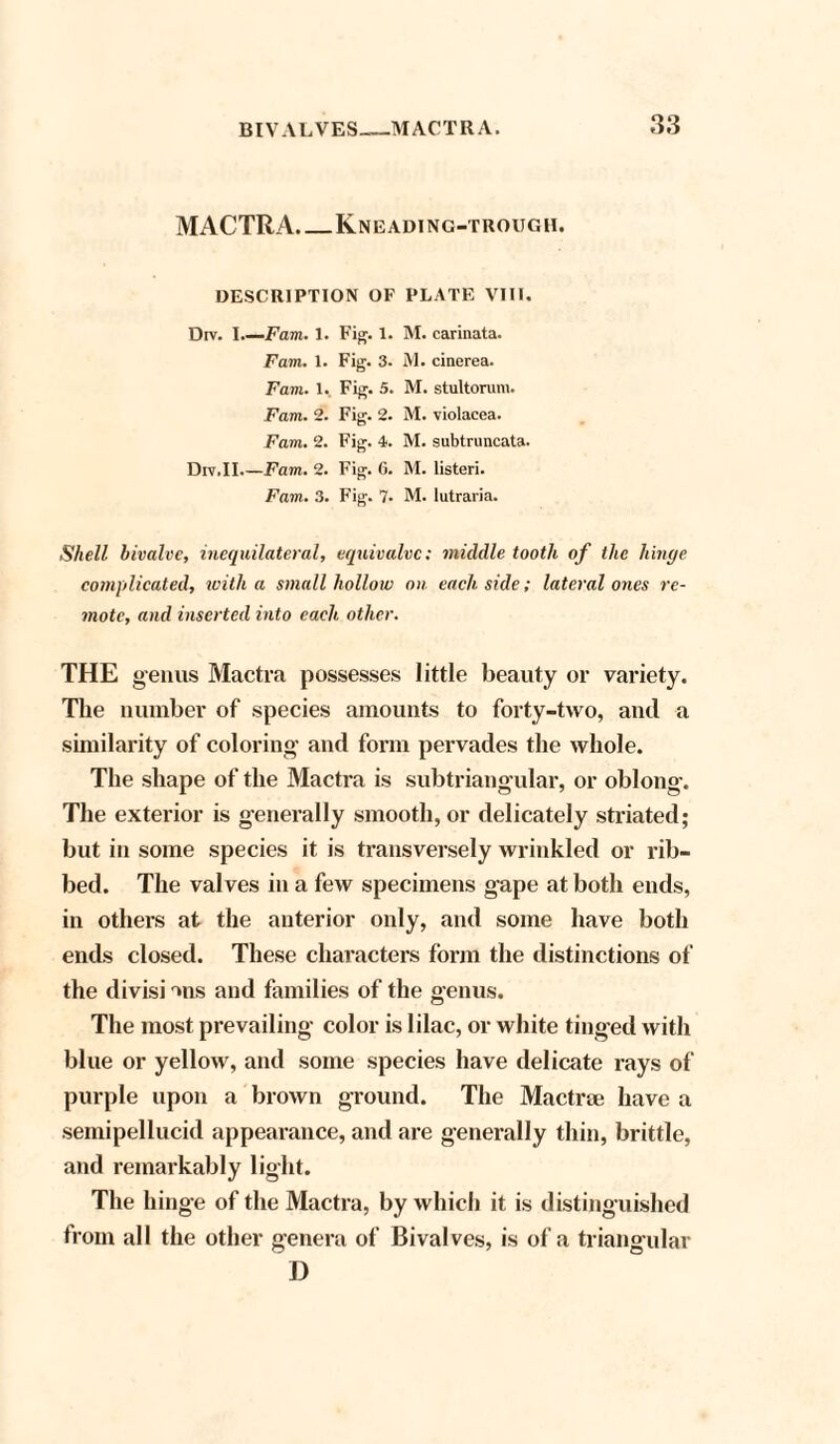 MACTRA_Kneading-trough. DESCRIPTION OF PLATE VIII. Drv. I.—Fam. 1. Fig. 1. M. carinata. Fam. 1. Fig. 3. M. cinerea. Fam. 1. Fig. 5. M. stultorum. Fam. 2. Fig. 2. M. violacea. Fam. 2. Fig. 4. M. subtruncata. Div.II.—Fam. 2. Fig. G. M. listen. Fam. 3. Fig. 7- M. lutraria. Shell bivalve, inequilateral, equivalvc: middle tooth of the hinge complicated, with a small hollow on each side; lateral ones re¬ mote, and inserted into each other. THE genus Mactra possesses little beauty or variety. The number of species amounts to forty-two, and a similarity of coloring' and form pervades the whole. The shape of the Mactra is subtriangular, or oblong-. The exterior is generally smooth, or delicately striated; but in some species it is transversely wrinkled or rib¬ bed. The valves in a few specimens gape at both ends, in others at the anterior only, and some have both ends closed. These characters form the distinctions of the divisi ms and families of the genus. The most prevailing color is lilac, or white tinged with blue or yellow, and some species have delicate rays of purple upon a brown ground. The Mactne have a semipellucid appearance, and are generally thin, brittle, and remarkably light. The hinge of the Mactra, by which it is distinguished from all the other genera of Bivalves, is of a triangular D