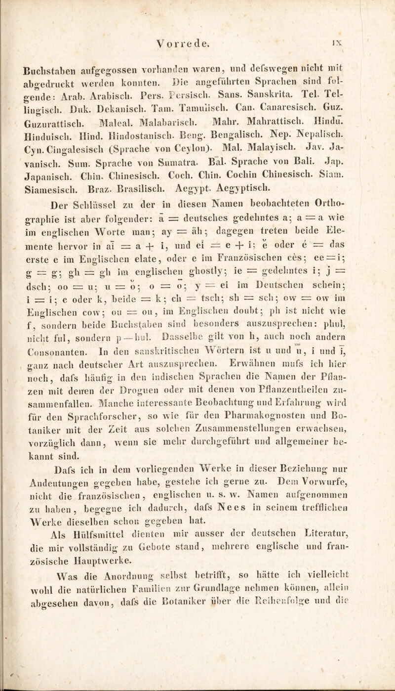 / Buchstaben aufgegossen vorhanden waren, und defswegen nicht mit ab gedruckt werden konnten. Die angeführten Sprachen sind fol¬ gende. Ar ab. Arabisch. Pers. Persisch. Sans. Sanskiita. Xeh Xel- linoisch. Duk. Dekanisch. Xam. Xamulisch. Can. Canaresisch. Guz. Guzurattisch. Maleal. Malabarisch. Mahr. Mahrattisch. Hindu. Hinduisch. Hind. Hindostanisch. Beug. Bengalisch. Nep. Nepalisch. Cyn. Cingalesiseli (Sprache von Ceylon). Mal. Malayisch. Jav. Ja¬ vanisch. Suin. Sprache von Sumatra. Bah Sprache von Bali. »Jap. Japanisch. Chin. Chinesisch. Coch. Cliin. Cochin Chinesisch. Siam. Siamesisch. Braz. Brasilisch. Aegypt. Aegyptisch. Der Schlüssel zu der in diesen Namen beobachteten Ortho¬ graphie ist aber folgender: ä = deutsches gedehntes a; a — a wie im englischen Worte man- ay = äh; dagegen treten beide Ele¬ mente hervor in ai = a + i, und ei — e + i; e oder e ~ das erste e im Englischen elate, oder e im Französischen ces; ee = i; g __ g. gh _ gii im englischen ghostly; ie = gedehntes i; j = dscli; oo = u; u = o; o = o; y = ei im Deutschen schein; i — i; c oder k, beide = k; eil = tsch; sh = sch; ow = ow im Englischen cow; ou = ou, im Englischen doubt; pli ist nicht wie f, sondern beide Buchstaben sind besonders auszusprechen: plrnl, nicht ful, sondern p—hui. Dasselbe gilt von h, auch noch andern Consonanten. In den sanskritischen Wörtern ist 11 und u, i und i, oanz nach deutscher Art auszusprechen. Erwähnen mufs ich hier o noch, dafs häutig in den indischen Sprachen die Namen der Pflan¬ zen mit denen der Droguen oder mit denen von Pflanzentheilen zu¬ sammenfallen. Manche interessante Beobachtung und Erfahrung wird für den Sprachforscher, so wie für den Pharmakognosten und Bo¬ taniker mit der Zeit aus solchen Zusammenstellungen erwachsen, vorzüglich dann, wenn sie mehr durchgeführt und allgemeiner be¬ kannt sind. Dafs ich in dem vorliegenden Werke in dieser Beziehung nur Andeutungen gegeben habe, gestehe ich gerne zu. Dem Vorwurfe, nicht die französischen , englischen u. s. w. Namen aufgenommen zu haben be^e^ne ich dadurch, dafs Ne es in seinem trefflichen Werke dieselben schon gegeben hat. Als Hülfsmittel dienten mir ausser der deutschen Literatur, die mir vollständig zu Gebote stand, mehrere englische und fran¬ zösische Hauptwerke. Was die Anordnung selbst betrifft, so hätte ich vielleicht wohl die natürlichen Familien zur Grundlage nehmen können, allein abgesehen davon, dafs die Botaniker über die Reihenfolge und die