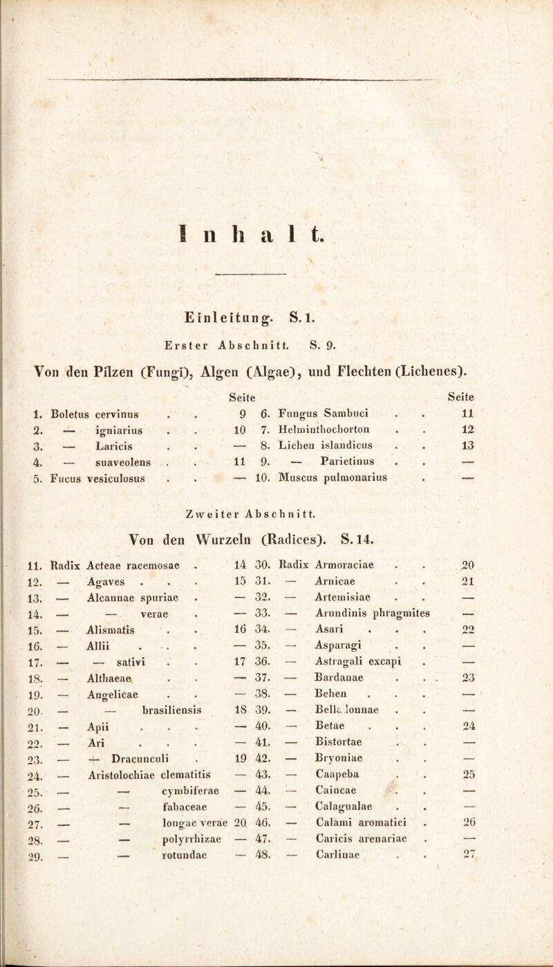 \ n h a I t. Einleitung. S.l. Erster Abschnitt. S. 9. Von den Pilzen (Fungi), Algen (Algae), und Flechten (Lichenes). 1. Boletus cervinus Seite 9 6. Funorus Sambuci o • Seite 11 2. — igniarius 10 7. Helminthochorton 8 12 3. -— Laricis •— 8. Lichen islandicus • 13 4. — suaveolens 11 9. — Parietinus • —- 5. Fucus vesiculosus ■—- 10. Muscus pulmonarius —= 11. Zweiter Abschnitt. Von den Wurzeln (Radices). S. 14. Radix Acteae racemosae . 14 30. Radix Armoraciae • \ 20 12. — A^aves 15 31. — Arnicae • 21 13. —. Alcannae spuriae — 32. — Artemisiae 8 —. 14. — — verae — 33. -— Arundinis phragmites — 15. —. Alismatis 16 34. — Asari • oo 16. — Allii ■— 35. —■ Asparagi 9 ■—• 17. — — sativi 17 36. — Astragali excapi ■— i8: — Althaeae — 37. — Bardanae • • 23 19^ — Angelicae — 38. — Behen 9 — 20- — — brasiliensis IS 39. — Bella lonnae 9 — 21. — Apii — 40. — Betae 9 24 22. — Ari ... — 41. — Bistortae 9 —- 23. — 4- Dracunculi 19 42. — Bryoniae * — 24. — Aristolochiae elematitis — 43. — Caapeba • 25 25. — —. cymbiferae ■— 44. — Caincae 9 __ 26. — — fabaceae — 45. — Calagualae 9 — 27. — — longae verae 20 46. — Calami aromatici 26 28. — — polyrrhizae — 47. — Caricis arenariae — 29. — •