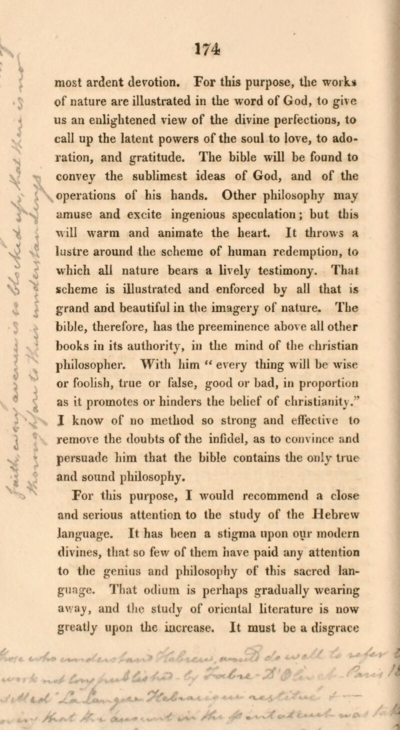 most ardent devotion. For this purpose, the works of nature are illustrated in the word of God, to give us an enlightened view of the divine perfections, to call up the latent powers of the soul to love, to ado¬ ration, and gratitude. The bible will be found to convey the sublimest ideas of God, and of the operations of his hands. Other philosophy may amuse and excite ingenious speculation; but this will warm and animate the heart. It throws a lustre around the scheme of human redemption, to which all nature bears a lively testimony. That scheme is illustrated and enforced by all that is grand and beautiful in the imagery of nature. The bible, therefore, has the preeminence above all other books in its authority, in the mind of the Christian philosopher. With him “ every thing will be wise or foolish, true or false, good or bad, in proportion as it promotes or hinders the belief of Christianity.” I know of no method so strong and effective to remove the doubts of the infidel, as to convince and persuade him that the bible contains the only true and sound philosophy. For this purpose, I would recommend a close and serious attention to the study of the Hebrew language. It has been a stigma upon our modern divines, that so few of them have paid any attention to the genius and philosophy of this sacred lan¬ guage. That odium is perhaps gradually wearing away, and the study of oriental literature is now greatly upon the increase. It must be a disgrace A u