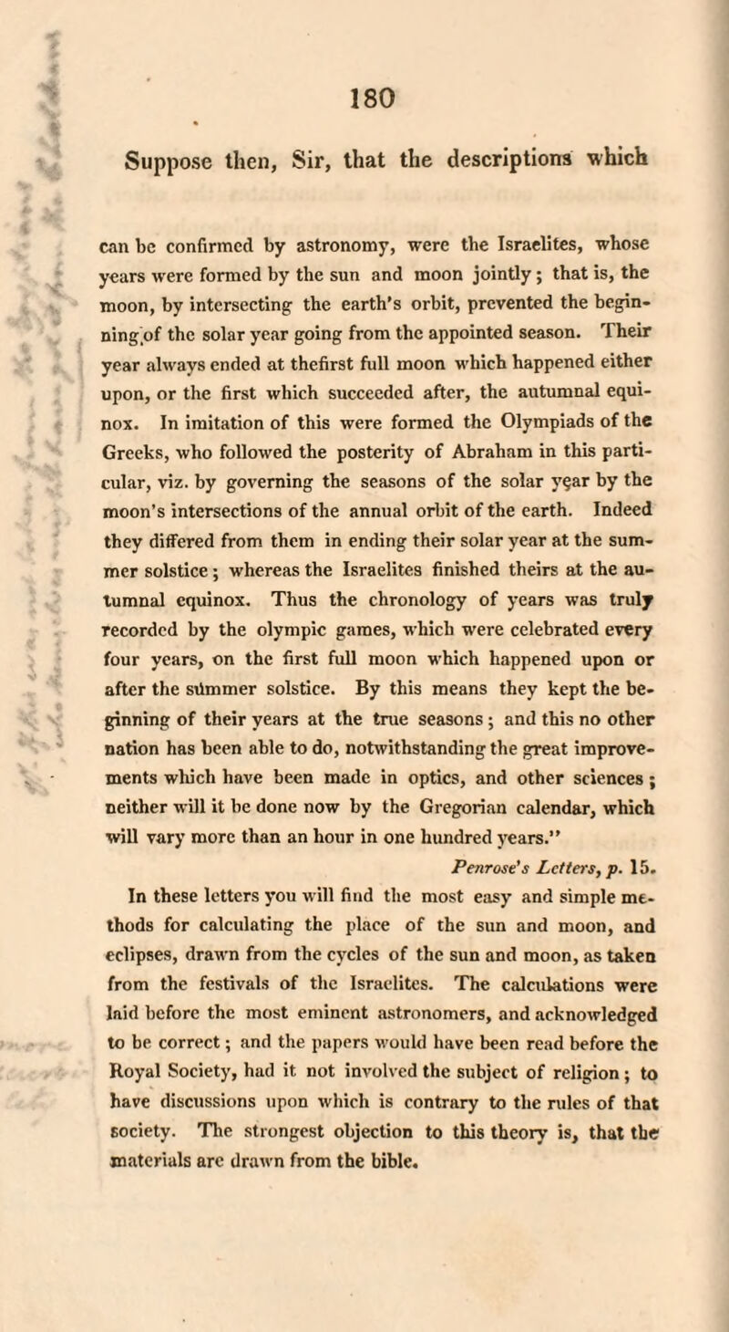 Suppose then, Sir, that the descriptions which can be confirmed by astronomy, were the Israelites, whose years were formed by the sun and moon jointly; that is, the moon, by intersecting the earth’s orbit, prevented the begin¬ ning of the solar year going from the appointed season. Their year always ended at thefirst full moon which happened either upon, or the first which succeeded after, the autumnal equi¬ nox. In imitation of this were formed the Olympiads of the Greeks, who followed the posterity of Abraham in this parti¬ cular, viz. by governing the seasons of the solar yqar by the moon’s intersections of the annual orbit of the earth. Indeed they differed from them in ending their solar year at the sum¬ mer solstice; whereas the Israelites finished theirs at the au¬ tumnal equinox. Thus the chronology of years was truly recorded by the Olympic games, which were celebrated every four years, on the first full moon which happened upon or after the slimmer solstice. By this means they kept the be¬ ginning of their years at the true seasons ; and this no other nation has been able to do, notwithstanding the great improve¬ ments which have been made in optics, and other sciences; neither will it be done now by the Gregorian calendar, which will vary more than an hour in one hundred years.” Penrose's Letters, p. 15. In these letters you will find the most easy and simple me¬ thods for calculating the place of the sun and moon, and eclipses, drawn from the cycles of the sun and moon, as taken from the festivals of the Israelites. The calculations were laid before the most eminent astronomers, and acknowledged to be correct; and the papers would have been read before the Royal Society, had it not involved the subject of religion; to have discussions upon which is contrary to the rules of that society. The strongest objection to this theory is, that the materials arc drawn from the bible.