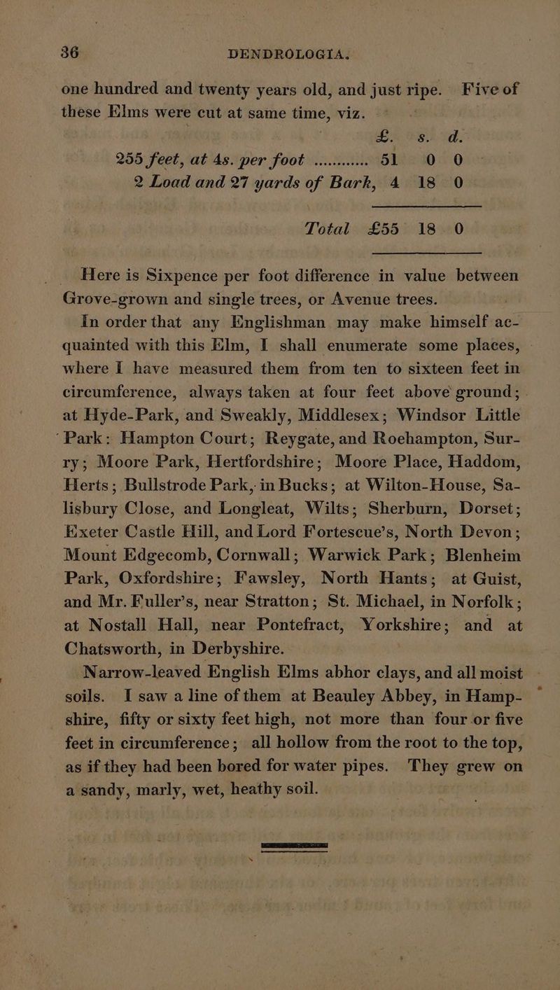one hundred and twenty years old, and just ripe. Five of these Elms were cut at same time, viz. Gn See vad. 255 feet, at 4s. per foot «01.00 51 0 0 2 Load and 27 yards of Bark, 4 18 0 Total £55 18 0 Here is Sixpence per foot difference in value between Grove-grown and single trees, or Avenue trees. In order that any Englishman may make himself ac- quainted with this Elm, I shall enumerate some places, where I have measured them from ten to sixteen feet in circumference, always taken at four feet above ground; . at Hyde-Park, and Sweakly, Middlesex; Windsor Little ‘Park: Hampton Court; Reygate, and Roehampton, Sur- ry; Moore Park, Hertfordshire; Moore Place, Haddom, Herts; Bullstrode Park, in Bucks; at Wilton-House, Sa- lisbury Close, and Longleat, Wilts; Sherburn, Dorset; Exeter Castle Hill, and Lord Fortescue’s, North Devon; Mount Edgecomb, Cornwall; Warwick Park; Blenheim Park, Oxfordshire; Fawsley, North Hants; at Guist, and Mr. Fuller’s, near Stratton; St. Michael, in Norfolk ; at Nostall Hall, near Pontefract, Yorkshire; and at Chatsworth, in Derbyshire. Narrow-leaved English Elms abhor clays, and all moist — soils. I saw a line of them at Beauley Abbey, in Hamp- _ shire, fifty or sixty feet high, not more than four or five feet in circumference; all hollow from the root to the top, as if they had been bored for water pipes. They grew on a sandy, marly, wet, heathy soil.