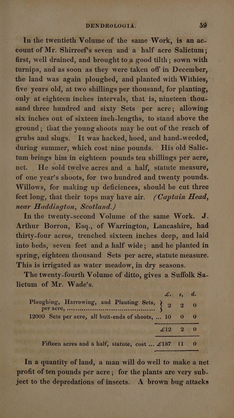 In the twentieth Volume of the same Work, is an ac- count of Mr. Shirreef’s seven and a half acre Salictum; first; well drained, and brought to a good tilth; sown with turnips, and as soon as they were taken off in December, the land was again ploughed, and planted with Withies, — five years old, at two shillings per thousand, for planting, only at eighteen inches intervals, that is, nineteen thou- sand three hundred and sixty Sets per acre; allowing six inches out of sixteen inch-lengths, to stand above the ground; that the young shoots may be out of the reach of grubs and slugs. “ It was hacked, hoed, and hand-weeded, during summer, which cost nine pounds. His old Salic- tum brings him in eighteen pounds ten shillings per acre, net. He sold twelve acres and a half, statute measure, of one year’s shoots, for two hundred and twenty pounds. Willows, for making up deficiences, should be cut three feet long, that their tops may have air. (Captain Head, near Huddington, Scotland.) In the twenty-second Volume of the same Work. J. Arthur Borron, Esq., of Warrington, Lancashire, had thirty-four acres, trenched sixteen inches deep, and laid into beds, seven feet and a half wide; and he planted in spring, eighteen thousand Sets per acre, statute measure. This is irrigated as water meadow, in dry seasons. The twenty-fourth Volume of ditto, gives a Suffolk Sa- lictum of Mr. Wade’s. GL tape a: Ploughing, Harrowing, and Planting Sets, eg OG TE ie sedi ndsdens dddnesns varied? ee i 12000 Sets per acre, all butt-ends of shoots, ... 10 0 £12 2 90 Fifteen acres and a half, statute, cust... £187 11 0 In a quantity of land, a man will do well to make a net profit of ten pounds per acre; for the plants are very sub- ject to the depredations of insects. A brown bug attacks