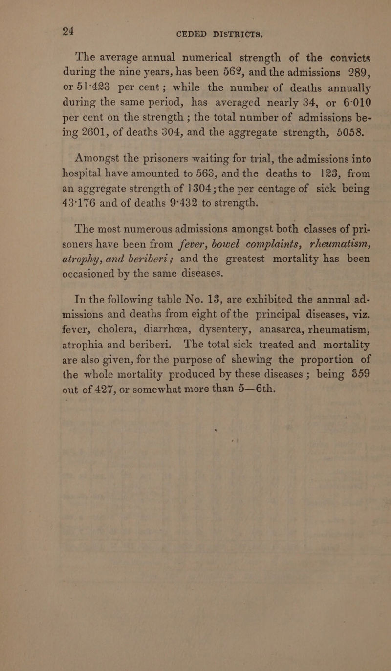 The average annual numerical strength of the convicts during the nine years, has been 562, andthe admissions 289, or 51°423 per cent; while the number of deaths annually during the same period, has averaged nearly 34, or 6-010 per cent on the strength ; the total number of admissions be- ing 2601, of deaths 304, and the aggregate strength, 5058. Amongst the prisoners waiting for trial, the admissions into hospital have amounted to 565, and the deaths to 123, from an aggregate strength of 1304; the per centage of sick being 43°176 and of deaths 9°432 to strength. The most numerous admissions amongst both classes of pri- soners have been from fever, bowel complaints, rheumatism, atrophy, and beriberi; and the greatest mortality has been occasioned by the same diseases. In the following table No. 13, are exhibited the annual ad- missions and deaths from eight of the principal diseases, viz. fever, cholera, diarrhea, dysentery, anasarca, rheumatism, atrophia and beriberi. The total sick treated and mortality are also given, for the purpose of shewing the proportion of the whole mortality produced by these diseases ; being 859 out of 427, or somewhat more than 5—6th.