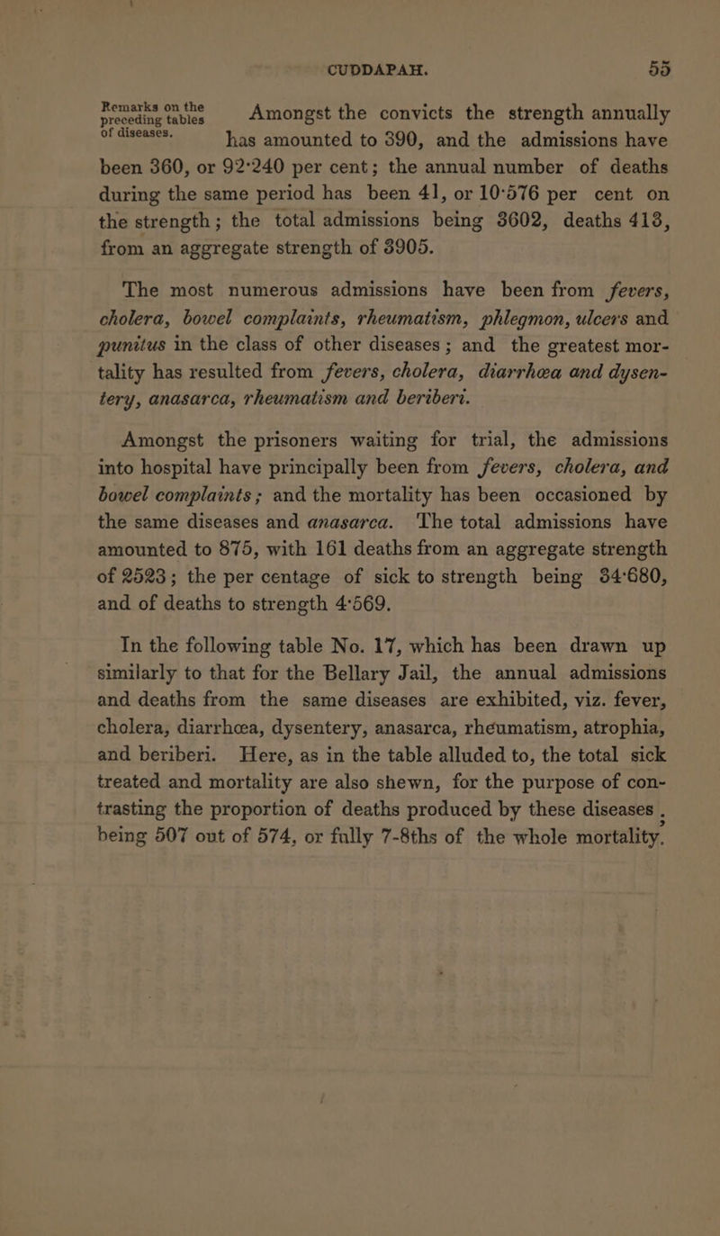 reunite tables Amongst the convicts the strength annually of diseases. has amounted to 390, and the admissions have been 360, or 92°240 per cent; the annual number of deaths during the same period has been 41, or 10°576 per cent on the strength; the total admissions being 3602, deaths 413, from an aggregate strength of 3905. The most numerous admissions have been from fevers, cholera, bowel complaints, rheumatism, phlegmon, ulcers and punitus in the class of other diseases; and the greatest mor- tality has resulted from fevers, cholera, diarrhea and dysen- tery, anasarca, rheumatism and beriberv. Amongst the prisoners waiting for trial, the admissions into hospital have principally been from fevers, cholera, and bowel complaints; and the mortality has been occasioned by the same diseases and anasarca. ‘The total admissions have amounted to 875, with 161 deaths from an aggregate strength of 2523; the per centage of sick to strength being 34°680, and of deaths to strength 4'569. In the following table No. 17, which has been drawn up similarly to that for the Bellary Jail, the annual admissions and deaths from the same diseases are exhibited, viz. fever, cholera, diarrhea, dysentery, anasarca, rheumatism, atrophia, and beriberi. Here, as in the table alluded to, the total sick treated and mortality are also shewn, for the purpose of con- trasting the proportion of deaths produced by these diseases . being 507 out of 574, or fully 7-8ths of the whole mortality.
