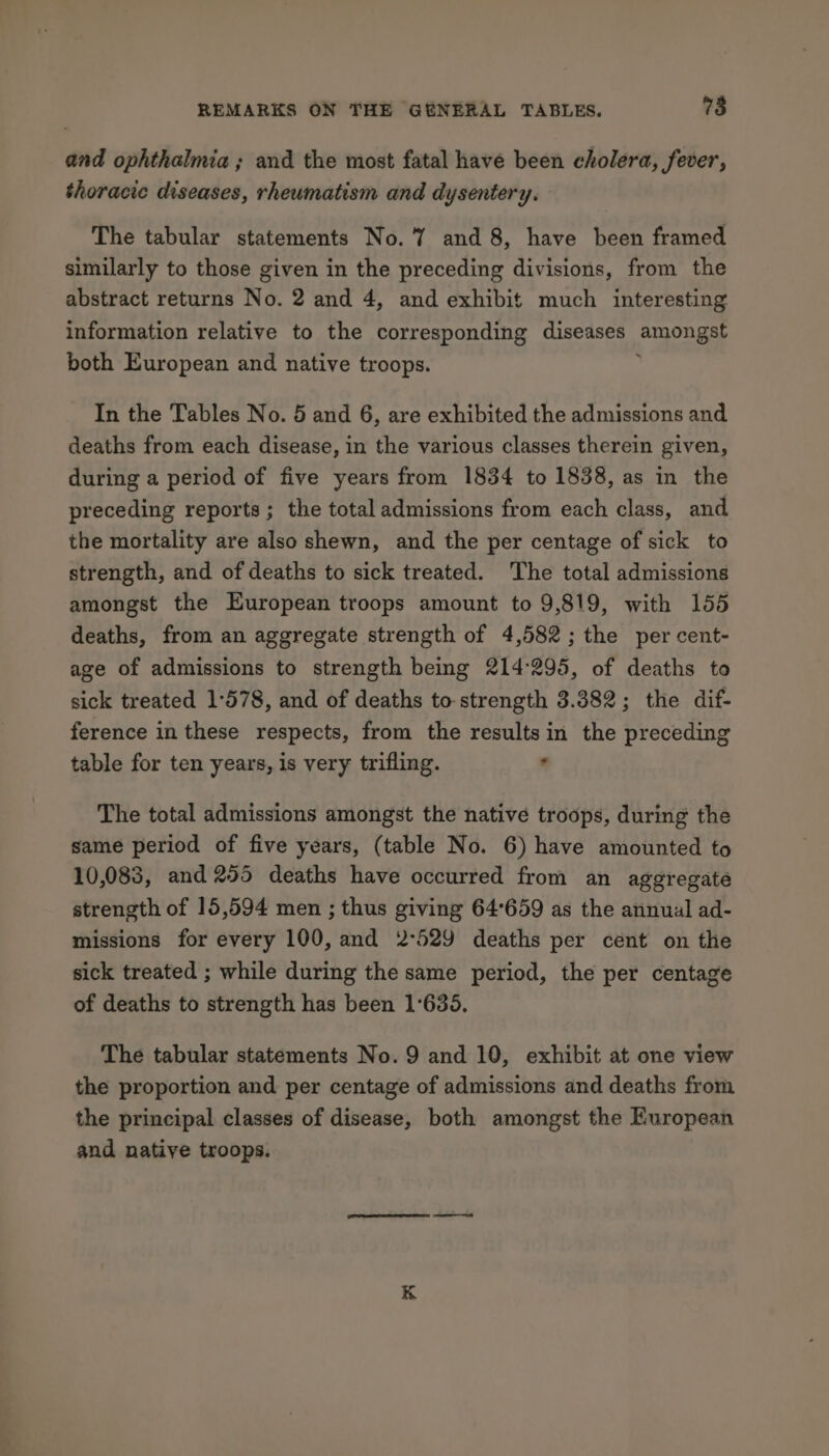 and ophthalmia ; and the most fatal have been cholera, fever, thoracic diseases, rheumatism and dysentery. The tabular statements No. 7 and 8, have been framed similarly to those given in the preceding divisions, from the abstract returns No. 2 and 4, and exhibit much interesting information relative to the corresponding diseases amongat both European and native troops. In the Tables No. 5 and 6, are exhibited the admissions and deaths from each disease, in the various classes therein given, during a period of five years from 1834 to 1838, as in the preceding reports ; the total admissions from each class, and the mortality are also shewn, and the per centage of sick to strength, and of deaths to sick treated. The total admissions amongst the European troops amount to 9,819, with 155 deaths, from an aggregate strength of 4,582; the per cent- age of admissions to strength being 214:295, of deaths to sick treated 1:578, and of deaths to strength 3.382; the dif- ference in these respects, from the results in the preceding table for ten years, is very trifling. , The total admissions amongst the native troops, during the same period of five years, (table No. 6) have amounted to 10,083, and 255 deaths have occurred from an aggregate strength of 15,594 men ; thus giving 64°659 as the annual ad- missions for every 100, and 2°529 deaths per cent on the sick treated ; while during the same period, the per centage of deaths to strength has been 1°635. The tabular statements No. 9 and 10, exhibit at one view the proportion and per centage of admissions and deaths from the principal classes of disease, both amongst the European and native troops.