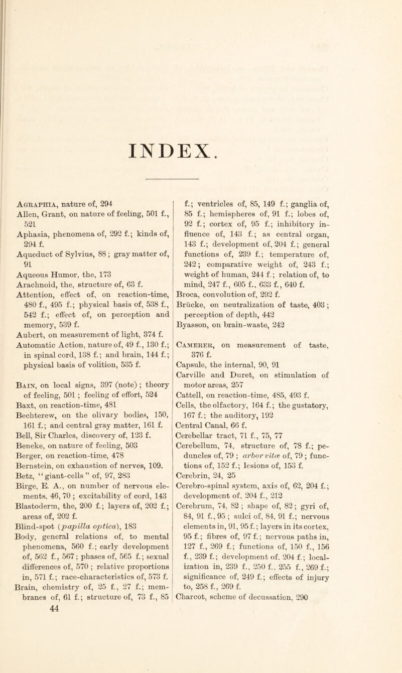 INDEX Agraphia, nature of, 294 Allen, Grant, on nature of feeling, 501 f., 521 Aphasia, phenomena of, 292 f.; kinds of, 294 f. Aqueduct of Sylvius, 88 ; gray matter of, 91 Aqueous Humor, the, 173 Arachnoid, the, structure of, 63 f. Attention, effect of, on reaction-time, 480 f., 495 f.; physical basis of, 538 f., 542 f.; effect of, on perception and memory, 539 f. Aubert, on measurement of light, 374 f. Automatic Action, nature of, 49 f., 130 f.; in spinal cord, 138 f.; and brain, 144 f.; physical basis of volition, 535 f. Bain, on local signs, 397 (note) ; theory of feeling, 501 ; feeling of effort, 524 Baxt, on reaction-time, 481 Bechterew, on the olivary bodies, 150, 161 f.; and central gray matter, 161 f. Bell, Sir Charles, discovery of, 123 f. Beneke, on nature of feeling, 503 Berger, on reaction-time, 478 Bernstein, on exhaustion of nerves, 109. Betz, “giant-cells” of, 97, 283 Birge, E. A., on number of nervous ele¬ ments, 46, 70 ; excitability of cord, 143 Blastoderm, the, 200 f.; layers of, 202 f.; areas of, 202 f. Blind-spot (papilla optica), 183 Body, general relations of, to mental phenomena, 560 f.; early development of, 562 f., 567; phases of, 565 f.; sexual differences of, 570 ; relative proportions in, 571 f.; race-characteristics of, 573 f. Brain, chemistry of, 25 f., 27 f.; mem¬ branes of, 61 f.; structure of, 73 f., 85 44 I f.; ventricles of, 85, 149 f.; ganglia of, 85 f.; hemispheres of, 91 f.; lobes of, 92 f.; cortex of, 95 f.; inhibitory in¬ fluence of, 143 f.; as central organ, 143 f.; development of, 204 f.; general functions of, 239 f.; temperature of, 242; comparative weight of, 243 f.; weight of human, 244 f.; relation of, to mind, 247 f., 605 f., 633 f., 640 f. Broca, convolution of, 292 f. Brucke, on neutralization of taste, 403 ; perception of depth, 442 Byasson, on brain-waste, 242 Camerer, on measurement of taste, 376 f. Capsule, the internal, 90, 91 Carville and Duret, on stimulation of motor areas, 257 Cattell, on reaction-time, 485, 493 f. Cells, the olfactory, 164 f.; the gustatory, 167 f.; the auditory, 192 Central Canal, 66 f. Cerebellar tract, 71 f., 75, 77 Cerebellum, 74, structure of, 78 f.; pe¬ duncles of, 79 ; arbor vilce of, 79 ; func¬ tions of, 152 f.; lesions of, 153 f. Cerebrin, 24, 25 Cerebro-spinal system, axis of, 62, 204 f.; development of, 204 f., 212 Cerebrum, 74. 82 ; shape of, 82; gyri of, 84, 91 f., 95 ; sulci of, 84, 91 f.; nervous elements in, 91, 95 f.; layers in its cortex, 95 f.; fibres of, 97 f.; nervous paths in, 127 f., 269 f.; functions of, 150 f., 156 f., 239 f.; development of. 204 f.; local¬ ization in, 239 f., 250 f., 255 f., 269 f.; significance of, 249 f.; effects of injury to, 258 f., 269 f. Charcot, scheme of decussation, 290