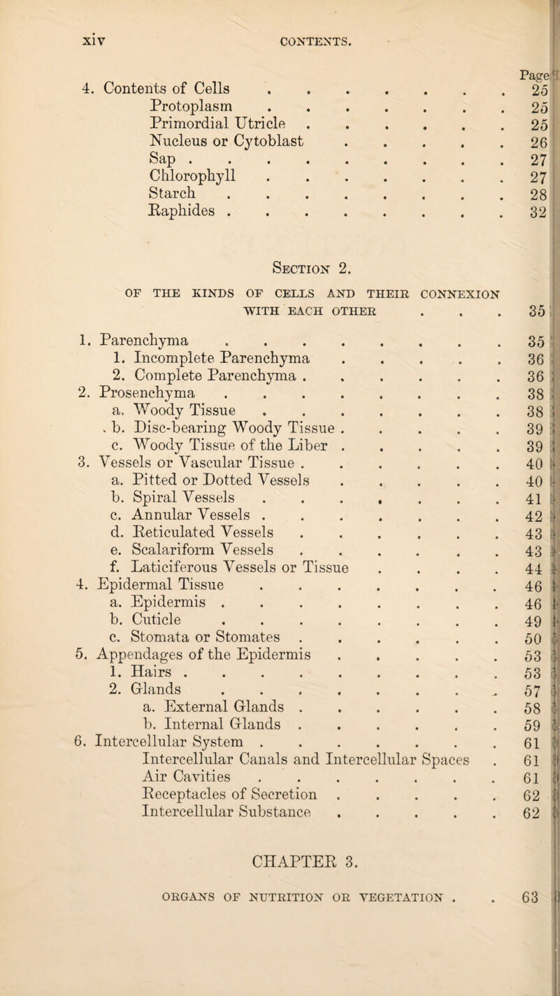 4. Contents of Cells Protoplasm Primordial Utricle Nucleus or Cytoblast Sap . Chlorophyll Starch Baphides . Section 2. OF THE KINDS OF CELLS AND THEIR CONNEXION WITH EACH OTHER 1. Parenchyma 1. Incomplete Parenchyma 2. Complete Parenchyma 2. Prosenchyma a. Woody Tissue . b. Disc-bearing Woody Tissue c. Woody Tissue of the Liber 3. Vessels or Vascular Tissue a. Pitted or Dotted Vessels b. Spiral Vessels c. Annular Vessels . d. Peticulated Vessels e. Scalariform Vessels f. Laticiferous Vessels or Tissue 4. Epidermal Tissue a. Epidermis . b. Cuticle c. Stomata or Stomates 5. Appendages of the Epidermis 1. Hairs . 2. Glands a. External Glands b. Internal Glands 6. Intercellular System . Intercellular Canals and Intercellular Spaces Air Cavities Beceptacles of Secretion Intercellular Substance CHAPTEK 3. ORGANS OF NUTRITION OR VEGETATION .