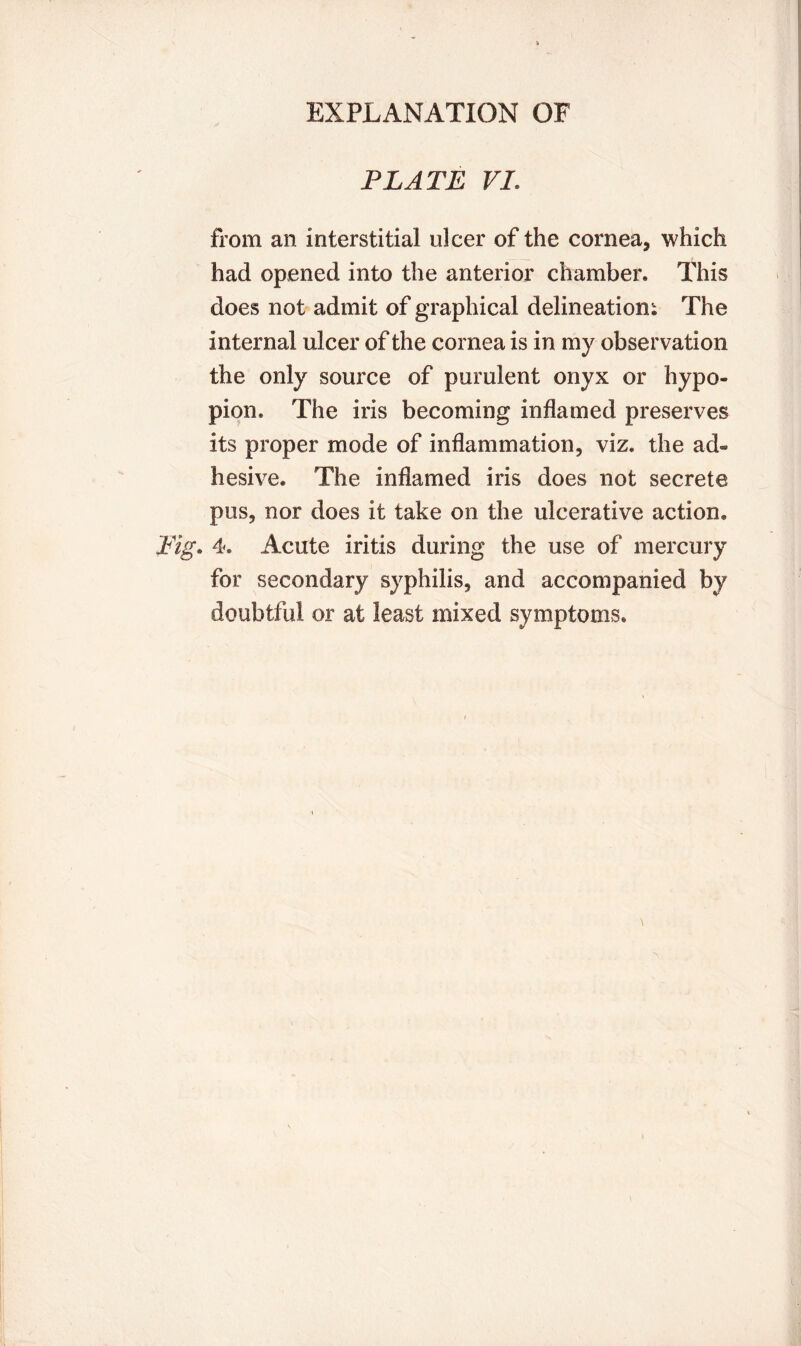 PLATE VI. from an interstitial ulcer of the cornea, which had opened into the anterior chamber. This does not admit of graphical delineations The internal ulcer of the cornea is in my observation the only source of purulent onyx or hypo- pi on, The iris becoming inflamed preserves its proper mode of inflammation, viz. the ad» hesive. The inflamed iris does not secrete pus, nor does it take on the ulcerative action. 4. Acute iritis during the use of mercury for secondary syphilis, and accompanied by doubtful or at least mixed symptoms.