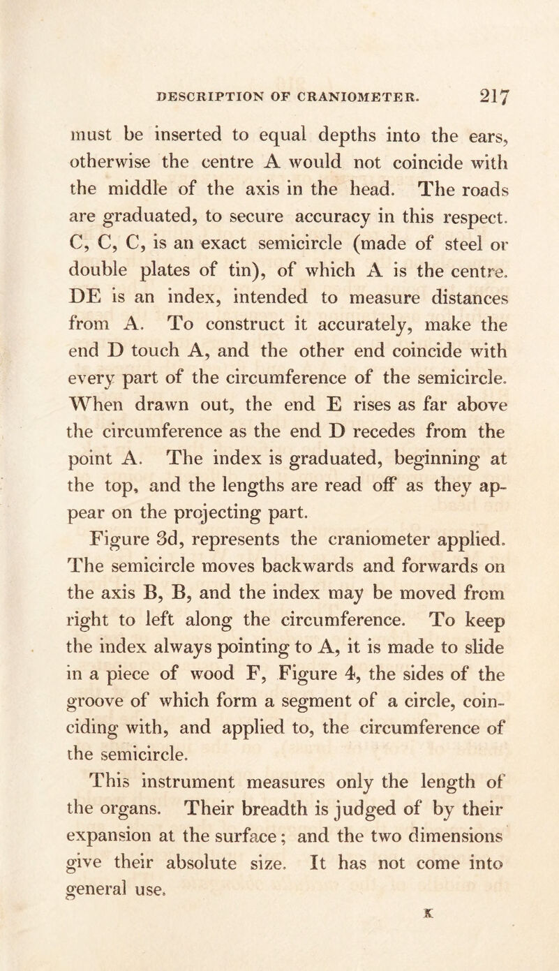 must be inserted to equal depths into the ears, otherwise the centre A would not coincide with the middle of the axis in the head. The roads are graduated, to secure accuracy in this respect. C, C, C, is an exact semicircle (made of steel or double plates of tin), of which A is the centre. DE is an index, intended to measure distances from A. To construct it accurately, make the end D touch A, and the other end coincide with every part of the circumference of the semicircle. When drawn out, the end E rises as far above the circumference as the end D recedes from the point A. The index is graduated, beginning at the top, and the lengths are read off as they ap- pear on the projecting part. Figure 3d, represents the craniometer applied. The semicircle moves backwards and forwards on the axis B, B, and the index may be moved from right to left along the circumference. To keep the index always pointing to A, it is made to slide in a piece of wood F, Figure 4, the sides of the groove of which form a segment of a circle, coin- ciding with, and applied to, the circumference of the semicircle. This instrument measures only the length of the organs. Their breadth is judged of by their expansion at the surface; and the two dimensions give their absolute size. It has not come into general use.