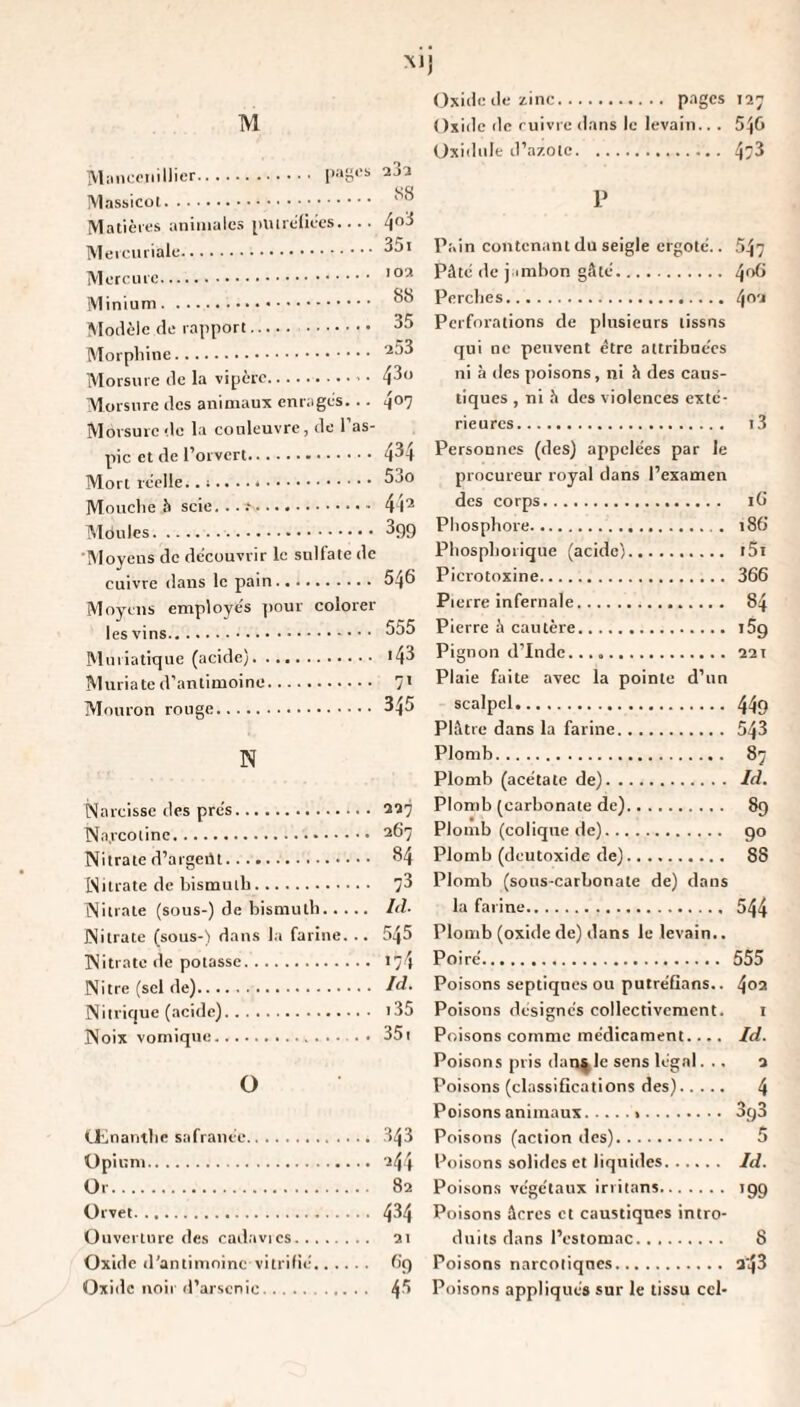 MJ M;mc(MMllier. 233 .. Matièies animales jiiuieiiecs.... IVTeicuriale. .. Minium. Modèle de rapport. 35 Morphine. 203 Morsure de la vipèic. 43“ Morsure des animaux enrages. .. 4^7 Morsure de la couleuvre, de 1 as¬ pic et de l’orvcrt. 434 Mort icelle.. .. 33o Mouche h scie. . . .. 4 |2 Moules. 399 ■Moyens de découvrir le sulfate de cuivre dans le pain. 546 Moyens employés pour colorer les vins. 655 Muriatique (acide). >43 îNluriate d’antimoine. 7» Mouron rouge. 345 N Narcisse des prés. Na.rcoline. Nitrate d’argeiU. Nitrate de bismuth. Nitrate (sous-) de bismuth. Nitrate (sous-) dans la farine. .. Nitrate de potasse. Nitre (sel de). Nitrique (acide). Noix vomique. 337 267 84 73 Id. 545 174 Id. i35 351 O Œnanthe safranée. 343 Opium. 244 Or. 82 Orvet. 434 Ouverture des cadavics. 21 Oxide d’antimoine vitrifié. hq Oxide noir d’arsenic. 46 Oxide de zinc. pages 127 Oxi<hile d’azote. 473 P P:.in contenant du seigle ergoté.. Pâté de j.imbon gâté. Perches. Perforations de plusieurs tissus qui ne peuvent être attribuées ni à des poisons, ni h des caus¬ tiques , ni h des violences exté¬ rieures. Personnes (des) appelées par le procureur royal dans l’examen des corps. Phosphore. Phosphorique (acide). Picrotoxine. Pierre infernale. Pierre à cautère. Pignon d’Inde. Plaie faite avec la pointe d’un scalpel. Plâtre dans la farine. Plomb.. . Plomb (acétate de). Plomb (carbonate de). Plomb (colique de). Plomb (deutoxide de). Plomb (sous-carbonate de) dans la farine. Plomb (oxide de) dans le levain.. Poiré. Poisons septiques ou putréfians.. Poisons désignés collectivement. Poisons comme médicament.... Poisons pris dan^lc sens légal. ., Poisons (classifications des). Poisons animaux.%. Poisons (action des). Poisons solides et liquides. Poisons végétaux irritans. Poisons âcres et caustiques intro¬ duits dans l’estomac. Poisons narcotiques. Poisons appliqués sur le tissu ccl- 547 406 402 i3 iG 186 i5i 366 84 169 221 449 543 87 Id. 89 90 88 544 555 4o3 I Id. 4 3g3 5 Id. >99 8 a-43