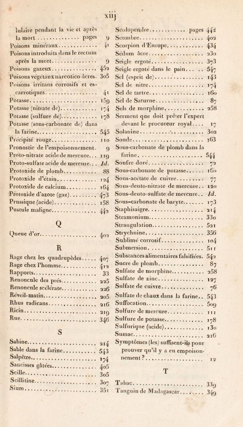 lulaiic pendant la vio et apiès la mort. page-.s y Poisons minéraux. )• Poisons introduits dans le rectum après la mort. 9 Poisons gazeux. 4^^ Poisons ve’gètauS narcotlco • âcres. 3o5 Poisons irritans corrosifs et cs- carrotiques. 4' Potasse. 169 Potasse (nitrate de). i^4 Potasse (sulfure de). i';8 Potasse (sons-carbonate de) dans la farine. 545 Pi ccipitc rouge. iio Pronostic de l’empoisonnement. 9 Proto-nitrate acide de mercure.. . 119 Proto-sulfate acide de mercure.. . Ici. Protoxide de plomb. 88 Protoxide d’e'tain. 124 Protoxide de calcium. rG4 Protoxide d’azote (gaz). 47^ Prussique (acide). i58 Pustule maligne. 4^2 Q Queue d’or. R Rage chez les quadrupèdes Rage chez l’homme... 4t'î Rapports. 33 Renoncule des pre's. 225 Renoncnle sce'le'rate. 226 Re'veil-matin. 2o5 Rhus radicans. 216 R'cin. 219 346 S î>atine. 214 Sable dans la farine. 543 Salpêtre. ,^4 Saucisses gâtées. 4o5 Scille. 3o5 Sc'llitine. 3„^ Scolopeildre. page.s 44'^! Scondrre. 402 Scorjiion d’Europe... 4^4 Sednm âcre. 280 Seigle ergoté. 37.3 Seigle ergoté dans le pain.547 Sel (e.spril de).. i43 Sel de nitre. 174 Sel de tartre. 160 Sel de Saturne. 87 Sels de morphine. 258 Serment que doit prêter l’expert devant le procureur royal.... 17 Solanine.'. 3o2 Soude. i()3 Sous-carbonate de plomb dans la farine. . . . .. 544 Soufre doré. 72 Sous-carbonate de potasse. 160 Sons-acétate de cuivre. 77 Sous-deuto-nilrate de mercure.. 120 Sous-deuto-sulfate de mercure.. Id. Sous-carbonate de baryte. 173 Staphisaigre. 214 Stramonium. 33o Strangulation. 521 Strycbnine. 356 Sublimé corrosif. io4 Submersion. 5ii Substances alimentaires falsifiées. 542 Sucre de plomb. 87 Sulfate de morphine. 258 Sulfate de zinc. 127 Sulfate de cuivre. 76 Sulfate de chaux dans la farine.. 543 Suffocation. 5oy Sulfure de mercure. lu Sulfure de potasse. 1^8 Sulfurique (acide). i3o Sumac. 216 Symptômes (les) suffisent-ils pour prouver qu’il y a eu empoison¬ nement ?. T Tabac. 33y Tangninde Madagascar. 349