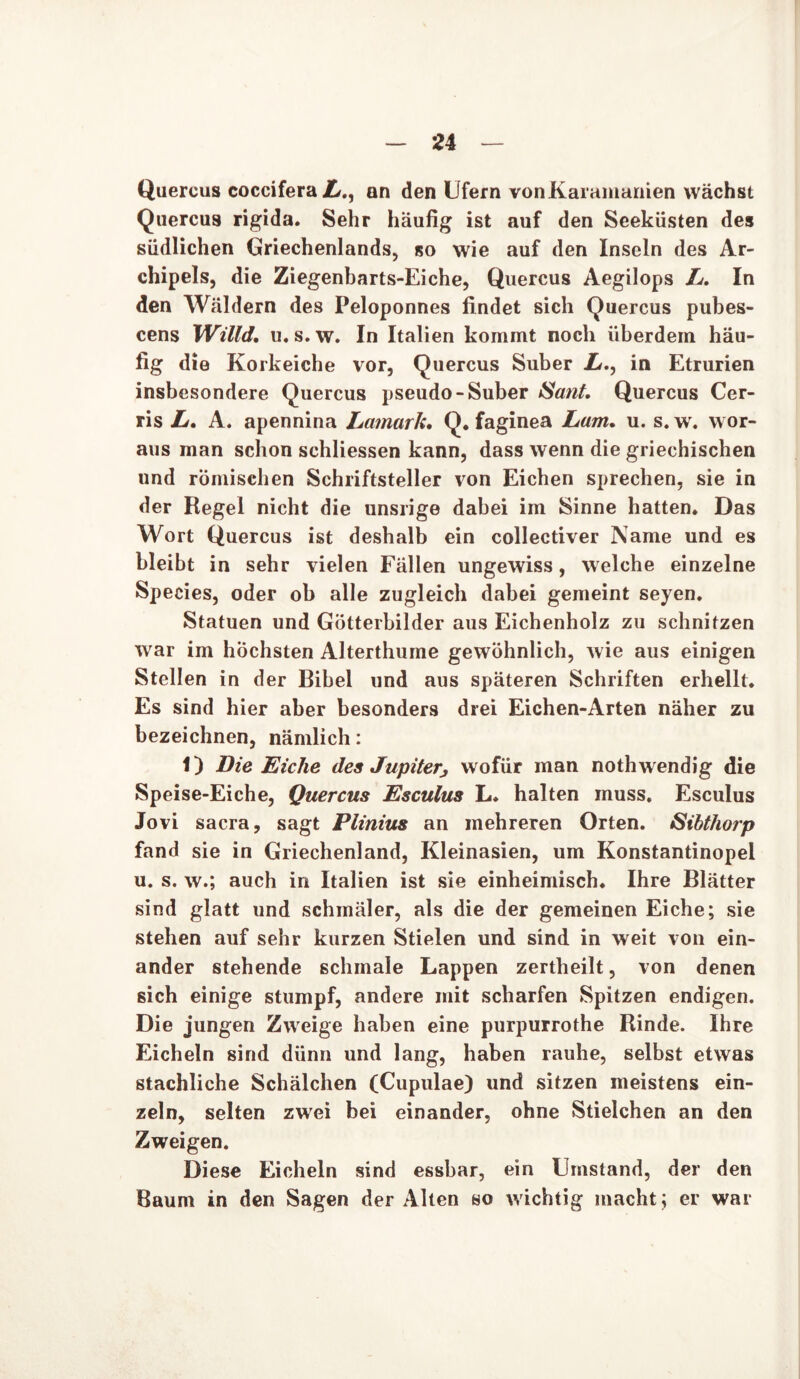 Quercus coccifera X., an den Ufern vonKaranmnien wächst Quercus rigida. Sehr häufig ist auf den Seeküsten des südlichen Griechenlands, so wie auf den Inseln des Ar- chipels, die Ziegenbarts-Eiche, Quercus Aegilops X. In den Wäldern des Peloponnes findet sich Quercus pubes- cens Willd. u. s.w. In Italien kommt noch iiberdem häu- fig die Korkeiche vor, Quercus Suber X., in Etrurien insbesondere Quercus pseudo-Suber Sant. Quercus Cer- ris X. A. apennina Lamark. Q. faginea Lum. u. s. w. wor- aus man schon schliessen kann, dass wenn die griechischen und römischen Schriftsteller von Eichen sprechen, sie in der Regel nicht die unsrige dabei im Sinne hatten* Das Wort Quercus ist deshalb ein collectiver Name und es bleibt in sehr vielen Fällen ungewiss, welche einzelne Species, oder ob alle zugleich dabei gemeint seyen. Statuen und Götterbilder aus Eichenholz zu schnitzen war im höchsten Alterthume gewöhnlich, wie aus einigen Stellen in der Bibel und aus späteren Schriften erhellt. Es sind hier aber besonders drei Eichen-Arten näher zu bezeichnen, nämlich: 1) Die Eiche des Jupiter, wofür man nothwendig die Speise-Eiche, Quercus Esculus L♦ halten muss. Esculus Jovi sacra, sagt Plinius an mehreren Orten. Sibthorp fand sie in Griechenland, Kleinasien, um Konstantinopel u. s. w.; auch in Italien ist sie einheimisch. Ihre Blätter sind glatt und schmäler, als die der gemeinen Eiche; sie stehen auf sehr kurzen Stielen und sind in weit von ein- ander stehende schmale Lappen zertheilt, von denen sich einige stumpf, andere mit scharfen Spitzen endigen. Die jungen Zweige haben eine purpurrothe Rinde. Ihre Eicheln sind dünn und lang, haben rauhe, selbst etwas stachliche Schälchen (Cupulae) und sitzen meistens ein- zeln, selten zwei bei einander, ohne Stielchen an den Zweigen. Diese Eicheln sind essbar, ein Umstand, der den Baum in den Sagen der Alten so wichtig macht; er war