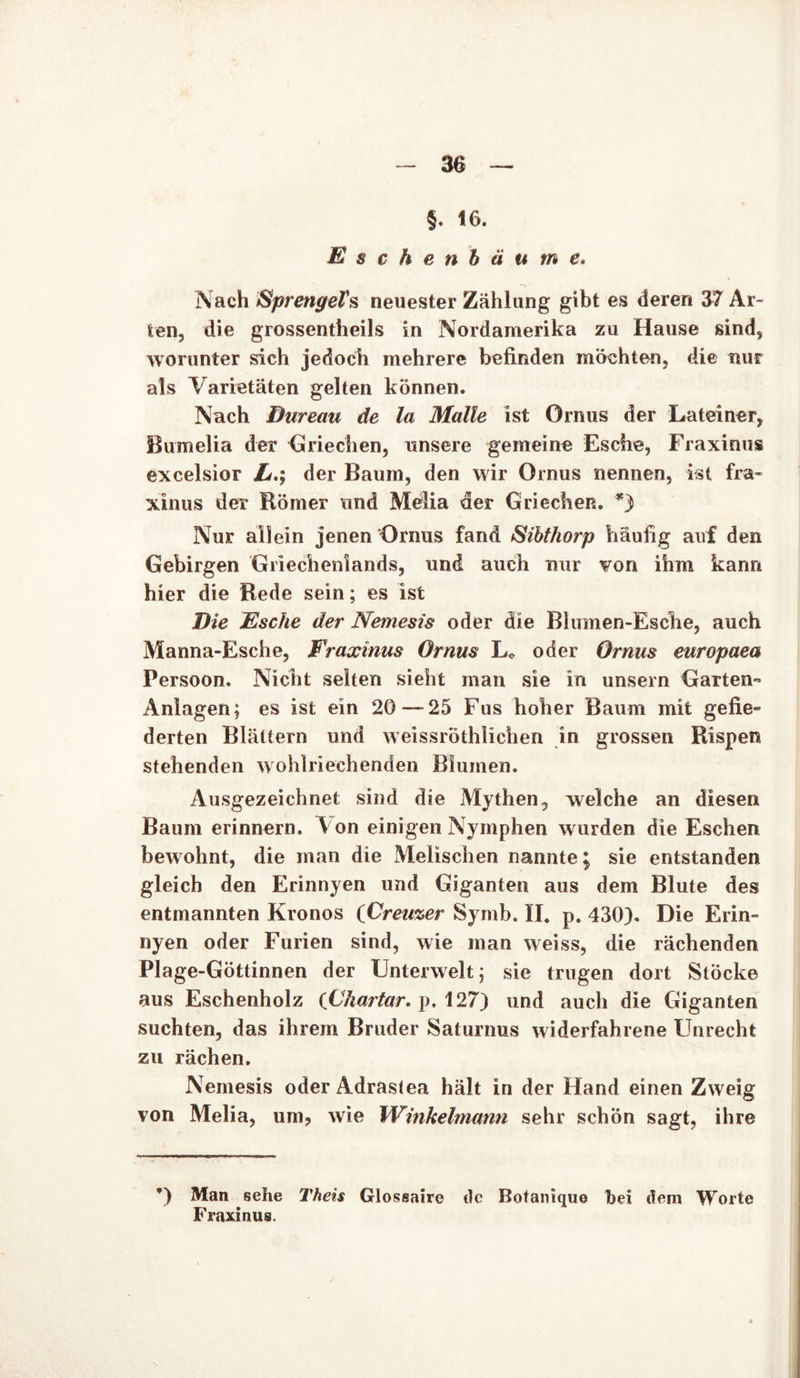 §. 16. Eschen bäume* Nach Sprengel's neuester Zählung gibt es deren 37 Ar- ten, die grossentheils in Nordamerika zu Hause sind, worunter sich jedoch mehrere befinden möchten, die nur als Varietäten gelten können. Nach Dureau de la Malle Ist Grnus der Lateiner, Bumelia der Griechen, unsere gemeine Esche, Fraxinus excelsior L,m, der Baum, den wir Ornus nennen, ist fra- xinus der Römer und Melia der Griechen. *) Nur allein jenen Ornus fand Sibthorp häufig auf den Gebirgen Griechenlands, und auch nur von ihm kann hier die Rede sein; es ist Die Esche der Nemesis oder die Bimnen-Esche, auch Manna-Esche, Fraxinus Ornus L* oder Ornus europaea Persoon. Nicht selten sieht man sie in unsern Garten- Anlagen; es ist ein 20—-25 Fus hoher Baum mit gefie- derten Blättern und weissröthlichen in grossen Rispen stehenden wohlriechenden Blumen. Ausgezeichnet sind die Mythen, welche an diesen Baum erinnern. \ on einigen Nymphen wurden die Eschen bewohnt, die man die Melischen nannte; sie entstanden gleich den Erinnyen und Giganten aus dem Blute des entmannten Kronos (Creuzer Symb. II. p. 430). Die Erin- nyen oder Furien sind, wie man weiss, die rächenden Plage-Göttinnen der Unterwelt; sie trugen dort Stöcke aus Eschenholz (Chartar. p. 127) und auch die Giganten suchten, das ihrem Bruder Saturnus widerfahrene Unrecht zu rächen. Nemesis oder Adrastea hält in der Hand einen Zweig von Melia, um, wie Winkelmann sehr schön sagt, ihre *) Man sehe Theis Glossaire de Botanique bei dem Worte Fraxinus,