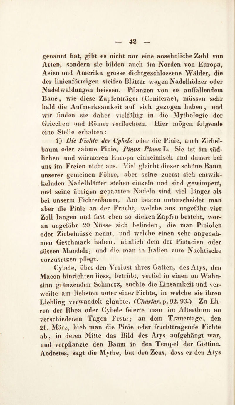 genannt hat, gibt es nicht nur eine ansehnliche Zahl von Arten, sondern sie bilden auch im Norden von Europa, Asien und Amerika grosse dichtgeschlossene Wälder, die der linienförmigen steifen Blätter wegen Nadelhölzer oder Nadelwaldungen heissen. Pflanzen von so auffallendem Baue, wie diese Zapfenträger (Coniferae), müssen sehr bald die Aufmerksamkeit auf sich gezogen haben, und wir finden sie daher vielfältig in die Mythologie der Griechen und Römer verflochten. Hier mögen folgende eine Stelle erhalten : 1) Die Fichte der Cyhele oder die Pinie, auch Zirbel- baum oder zahme Pinie, Pinus Pinea L. Sie ist im süd- lichen und wärmeren Europa einheimisch und dauert bei uns im Freien nicht aus. Viel gleicht dieser schöne Baum unserer gemeinen Föhre, aber seine zuerst sich entwik- kelnden Nadelblätter stehen einzeln und sind gewimpert, und seine übrigen gepaarten Nadeln sind viel länger als bei unserm Fichtenbaum. Am besten unterscheidet man aber die Pinie an der Frucht, welche aus ungefähr vier Zoll langen und fast eben so dicken Zapfen besteht, wor- an ungefähr 20 Nüsse sich befinden, die man Piniolen oder Zirbelnüsse nennt, und welche einen sehr angeneh- men Geschmack haben, ähnlich dem der Pistacien oder süssen Mandeln, und die man in Italien zum Nachtische vorzusetzen pflegt. Cyhele, über den Verlust ihres Gatten, des Atys, den Macon hinrichten liess, betrübt, verfiel in einen an Wahn- sinn glänzenden Schmerz, suchte die Einsamkeit und ver- weilte am liebsten unter einer Fichte, in welche sie ihren Liebling verwandelt glaubte. {Chartar» p. 92.93.) Zu Eh- ren der Rhea oder Cybele feierte man im Alterthum an verschiedenen Tagen Feste; an dem Trauertage, den 21. März, hieb man die Pinie oder fruchttragende Fichte ab, in deren Mitte das Bild des Atys aufgehängt war, und verpflanzte den Baum in den Tempel der Göttinn. Aedestes, sagt die Mythe, bat den Zeus, dass er den Atvs