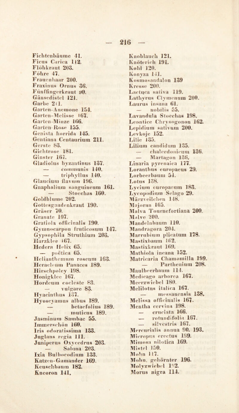 Ficlitenbäiime 41. Ficus Cariea 112. Flöhkraut 203. Föhre 47. Frauenhaar 200. Fraxinus Ornus 30. Füll I hn «rer kraut tfO. Gänsedistel 121. Garbe 2ll. Garten-Anemone 154. Garten-Melisse 167. Garten-Minze 100. Garten-Rose 155. Genista horrida 145. Gentiana Centaurium 211. Gerste 83. Giehtrose 181. Ginster 10?. Gladiolus byzantinus 137. — communis 140. — triphyllus 140. Glauciuiu llavum 196. Gnaphalium sanguineum 101. — Stoechas 100. Goldhlume 202. Gottesgnadenkraut 100. Gräser 70. Granate 107. Gratiola offlcinalis 100. Gymnoearpon fruticosuni 147. Gypsophila Struthium 203. Harzklee 107. Hedera Helix 05. — poetica 05. Helianthemum roseuni 103. Heraeleuin Panaces 180^ Hirschpoley 108. Honigklee 107. Horde um cocleste 83. — vulgare 83. Hyacinthus 137. Hyoscyamus alhus T80. — betaefolius 189. — muticus 180. Jasminuni Sainbac 55. Immerschön 100. Iris odoratissima 133. Juglans regia 111. Juniperus Oxycedrus 203. — Saluna 203. Ixia Rulhocodium 133. Katzen-Gamander 160. Keuschbaum 182. Kneoron 141. Knoblauch 121. Knöterich 101. Kohl 120. Konyza 141. Kosmosandalon 139 Kresse 200. Lac tuen sativa 110. Lathyrus Clymenum 200. Laurus insana 61. — nobilis 55. Lavandula Stoeclias 108. Leontice Chrysogonon 162. Lepidium sativum 200. Levkoje 152. Lilie 135. Lilium candidmn 135. — clialeedonicum 130. — Martagon 130. Linaria pyrenaica 177. Lorantbus enropaeus 20. Lorbeerbaum 54. Lotus 138. Lycium europaeum 183. Lycopodimu Selago 20. Märzveilchen 148. Majoran 105. Malva Tournefortiana 200. Malve 200. Mandelnbaum 110. Mandragora 204. Marrubium plicatum 178. Mastixhanm 102. Mastixkraut 100. Mathiola ineana 152. Matriearia Chamomilla 109. — Partbeuiura 208. Maulbeerbaum 114. Medieago arborea 107. Meerzwiebel 180. Melilotus italiea 107. — messanensis 138* Melissa offlcinalis 107- Mentha nervi na 108. — cruciata 100. — rotundifolia 107.. — silvestris 107. Mercurialis annua 00. 193. Micropus erectus 109. Mimosa nilotica 169. Mistel 150. Mohn 117. Mohn, gehörnter 196. Molyzwiebel 102. Morus nigra 114.