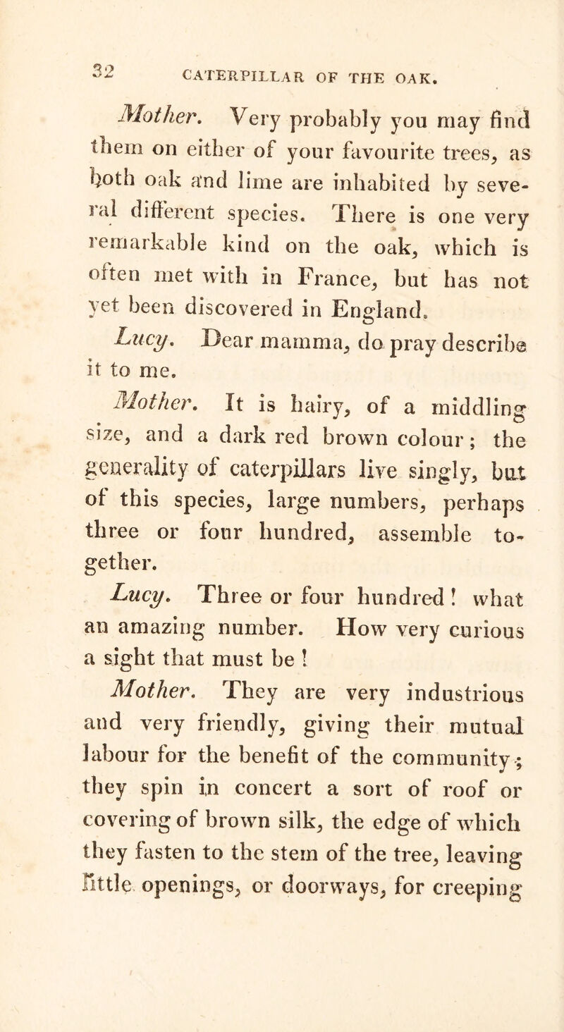 CATERPILLAR OF THE OAK. Mother. Very probably you may find them on either of your favourite trees, as both oak and lime are inhabited by seve- ral different species. There is one very remarkable kind on the oak, which is often met with in France, but has not yet been discovered in England. o Lucy. Dear mamma, do pray describe it to me. Mother. It is hairy, of a middling size, and a dark red brown colour; the generality of caterpillars live singly, but of this species, large numbers, perhaps three or four hundred, assemble to- gether. Lucy. Three or four hundred ! what an amazing number. How very curious a sight that must be ! Mother. They are very industrious and very friendly, giving their mutual labour for the benefit of the communitv ; they spin in concert a sort of roof or covering of brown silk, the edge of which they fasten to the stem of the tree, leaving little openings, or doorways, for creeping