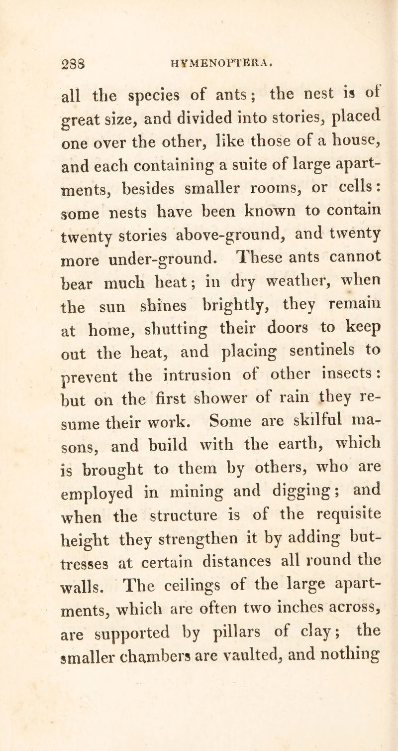 238 H V MEN O PTE 11A« all the species of ants; the nest is oi great size, and divided into stories, placed one over the other, like those of a house, and each containing a suite of large apart- ments, besides smaller rooms, or cells: some nests have been known to contain twenty stories above-ground, and twenty more under-ground. These ants cannot bear much heat; in dry weather, when the sun shines brightly, they remain at home, shutting their doors to keep out the heat, and placing sentinels to prevent the intrusion of other insects: but on the first shower of rain they re- sume their work. Some are skilful ma- sons, and build with the earth, which is brought to them by others, who are employed in mining and digging; and when the structure is of the requisite height they strengthen it by adding but- tresses at certain distances all round the walls. The ceilings of the large apart- ments, which are often two inches across, are supported by pillars of clay; the smaller chambers are vaulted, and nothing