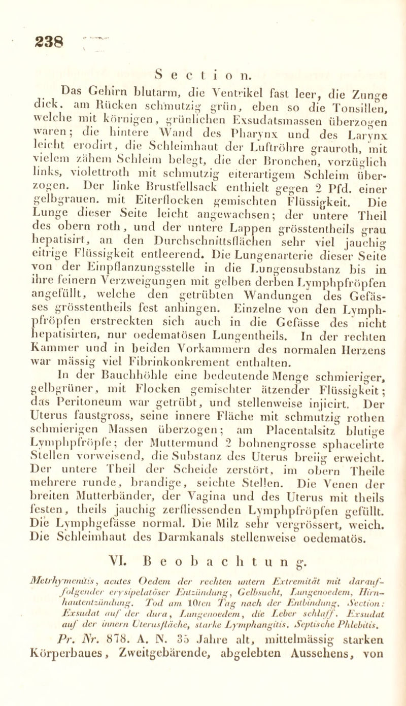 S e c t i o n. Das Gehirn blutarm, die Ventrikel fast leer, die Zunge dick. am Rücken schmutzig griin, eben so die Tonsillen, welche mit körnigen, grünlichen Exsudatsmassen überzogen waten; die hintere AA and des Pharynx und des Larynx leicht erodirt, die Schleimhaut der Luftröhre grauroth, mit vielem zähem Schleim belegt, die der Rronchen, vorzüglich links, 'siolellroth mit schmutzig eiterartigem Schleim über- zogen. Der linke Brustfellsack enthielt gegen 2 Pfd. einer gelbgrauen, mit Eiterflocken gemischten Flüssigkeit. Die Lunge dieser Seite leicht angewachsen; der untere Theil des obern roth, und der untere Lappen grösstentheils grau hepatisirt, an den Durchschnittsfläcben sehr viel jauchig eitrige Flüssigkeit entleerend. Die Lungenarterie dieser .Seite von der Einpflanzungsstelle in die Lungensubstanz bis in ihre feinem Verzweigungen mit gelben derben Lymphpfröpfen angefüllt, welche den getrübten Wandungen des Gefäs- ses grösstentheils fest anhingen. Einzelne von den Lymph- pfröpfen erstreckten sich auch in die Gefässe des nicht hepatisirten, nur oedematösen Lungentheils. In der rechten Kammer und in beiden Vorkammern des normalen Herzens war massig viel Fibrinkonkrement enthalten. ln der Bauchhöhle eine bedeutende Menge schmieriger, gelbgrüner, mit Flocken gemischter ätzender Flüssigkeit; das Peritoneum war getrübt, und stellenweise injicirt. Der Uterus faustgross, seine innere Fläche mit schmutzig rothen schmierigen Massen überzogen; am Placentalsitz blutige Lymphpirüpfe; der Muttermund 2 bohnengrosse sphaeelirte Stellen vorweisend, die Substanz des Uterus breiig erweicht. Der untere Theil der Scheide zerstört, im obern Theile mehrere runde, brandige, seichte Stellen. Die Venen der breiten Mutterbänder, der Vagina und des Uterus mit theils festen, theils jauchig zerfliessenden Lymphpfröpfen gefüllt. Die Lymphgefasse normal. Die Milz sehr vergrössert, weich. Die Schleimhaut des Darmkanals stellenweise oedematös. VI. B c o b a c li t u n g. Melrhymcnilis, acutes Oedcm der rechten untern Extremität mit darauf- folgender erysipelatöscr Entzündung, Gelbsucht, Lungcnoedeni, Hirn- hautentzündung. Tod am 10tcn Tag nach der Entbindung, Section: Exsudat auf der dura, Lungenoedem, die Leber schlaff. Exsudat auj der Innern Uterus fläche, starke Eymphangitis. Septische Phlebitis. Pr. JSr. 878. A. N. 35 Jahre alt, mittelmässig starken Körperbaues, Zweitgebärende, abgelebten Aussehens, von