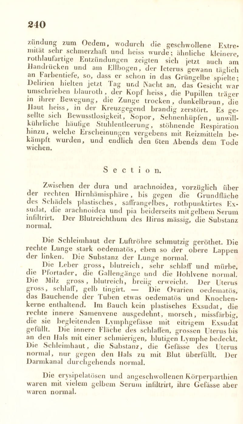 Zündung zum Oedem, wodurch die geschwollene Extre- mität sehr schmerzhaft und heiss wurde; ähnliche kleinere, rothlaufartige Entzündungen zeigten sich jetzt auch am Handrücken und am Ellbogen, der Icterus gewann täglich an Earbenliefe, so, dass er schon in das Grüngelbe spielte; Delirien hielten jetzt Tag und Nacht an, das Gesicht war umschrieben hlauroth, der Kopf heiss, die Pupillen träger m ihrer Bewegung, die Zunge trocken, dunkelbraun, die Haut heiss, in der Kreuzgegend brandig zerstört. Es ge- sellte sich Bewusstlosigkeit, Sopor, Sehnenhüpfen, unwill- kürliche häufige Stuhlentleerung, stöhnende Respiration hinzu, welche Erscheinungen vergebens mit Reizmitteln be- kämpft wurden, und endlich den Oten Abends dem Tode wichen. S e c t i o n. Zwischen der dura und arachnoidea, vorzüglich über der rechten Hirnhämisphäre, bis gegen die Grundfläche des Schädels plastisches, saffrangelbes, rothpunktirtes Ex- sudat, die arachnoidea und pia beiderseits mit gelbem Serum infiltrirt. Der Blutreichthum des Hirns massig, die Substanz normal. Die Schleimhaut der Luftröhre schmutzig geröthet. Die rechte Lunge stark oedematös, eben so der obere Lappen der linken. Die Substanz der Lunge normal. Die Leber gross, blutreich, sehr schlaff und mürbe, die Pfortader, die Gallengängc und die Hohlvene normal. Die Milz gross, blutreich, breiig erweicht. Der Uterus gross, schlaff, gelb tingirt. — Die Ovarien oedematös, das Bauchende der Tuben etwas oedematös und Knochen- kerne enthaltend. Im Bauch kein plastisches Exsudat, die rechte innere Samenvene ausgedehnt, morsch, misslarbig, die sie begleitenden Lymphgefässe mit eitrigem Exsudat gefüllt. Die innere Fläche des schlaffen, grossen Uterus bis an den Hals mit einer schmierigen, blutigen Lymphe bedeckt. Die Schleimhaut, die Substanz, die Gelasse des Uterus normal, nur gegen den Hals zu mit Blut überfüllt. Der Darmkanal durchgchends normal. Die erysipclatösen und angeschwollencn Körperparthien waren mit vielem gelbem Serum infiltrirt, ihre Gelasse aber waren normal.